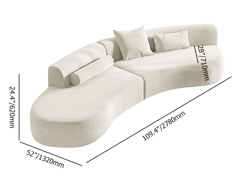 HMR 109" 2-Piece Curved Sectional Sofa with Pillows - White, Velvet