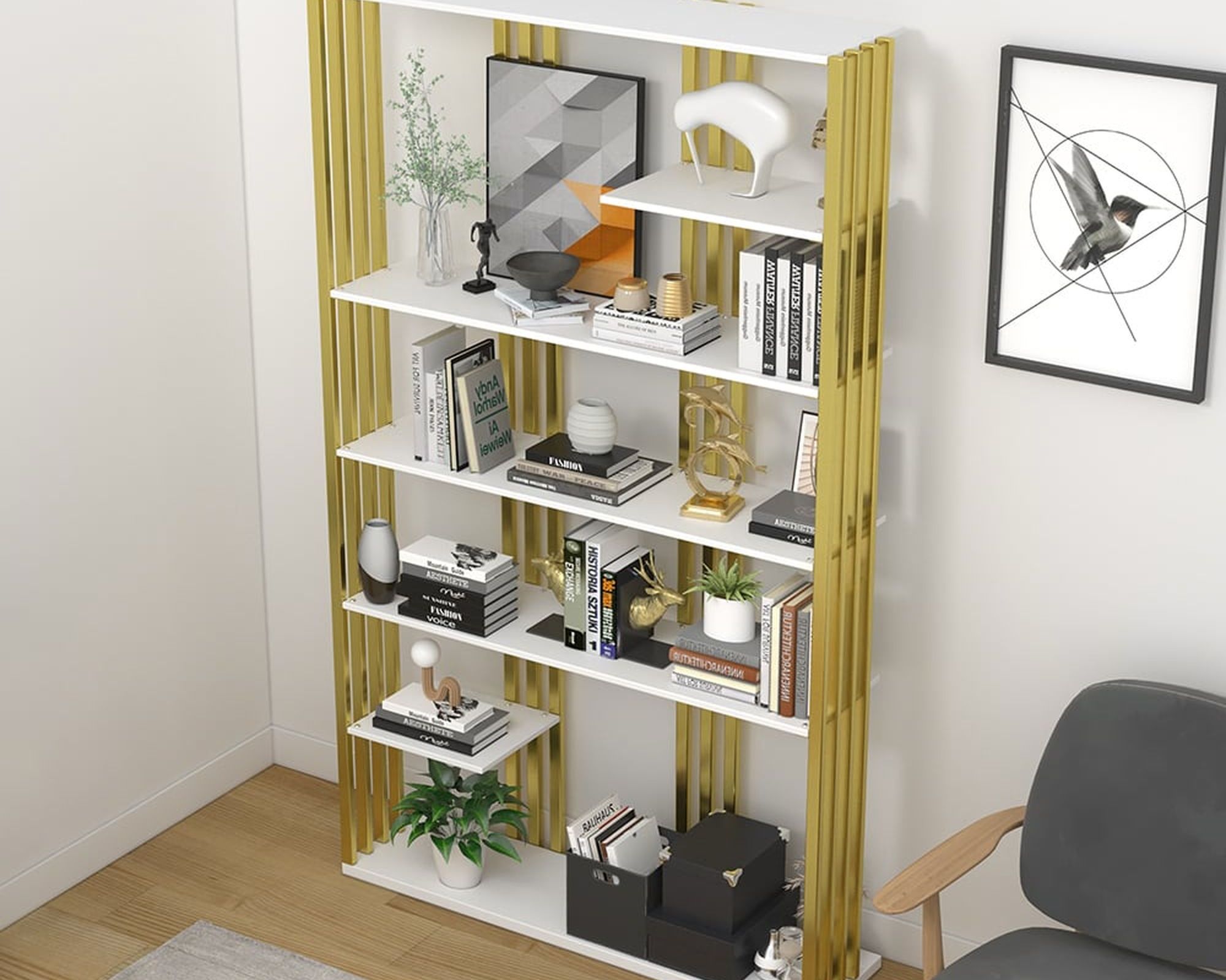 HMR Modern Etagere Bookshelf with 6-Shelf - White/Gold