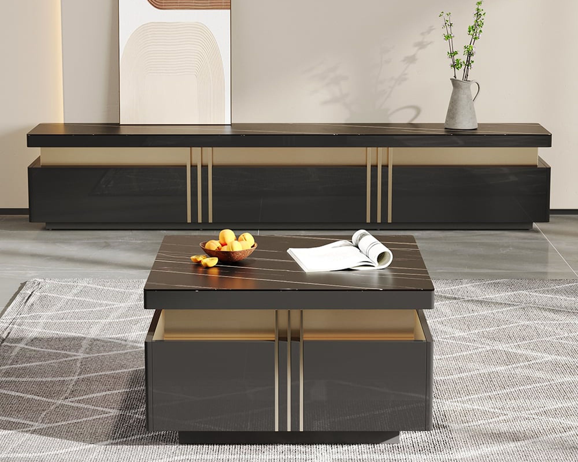 HMR Trimied Modern Square Storage Coffee Table Stone Top with 4 Wood Drawers - Black, 27.6"