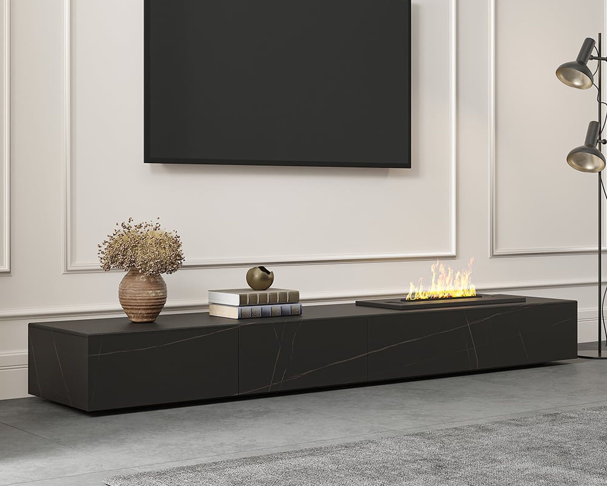 HMR Sintered Stone Electric Fireplace Humidifier TV Stand - Black, 79"