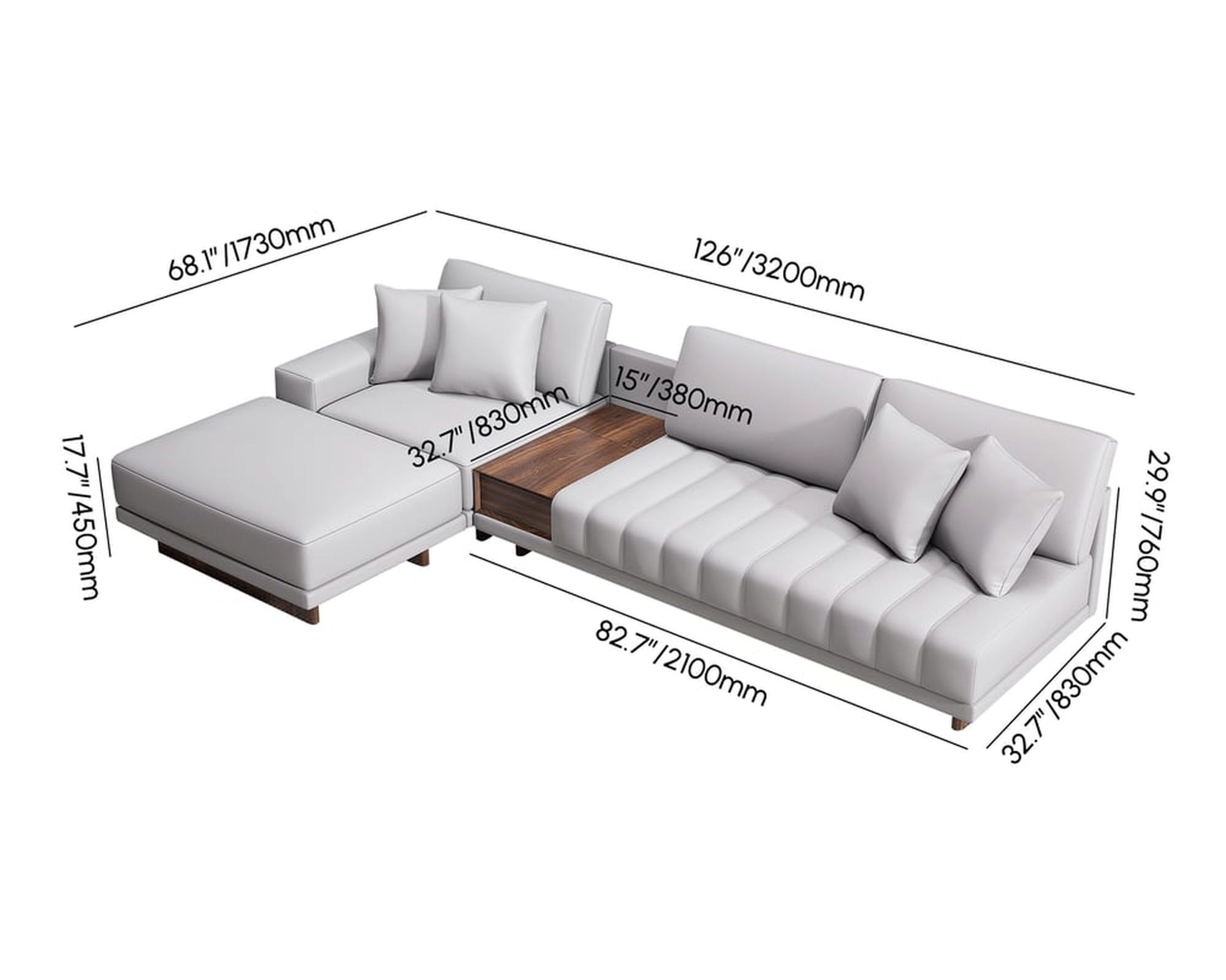 HMR 126" L-Shaped Modular Sectional with Chaise & Ottoman - Ivory, Leather