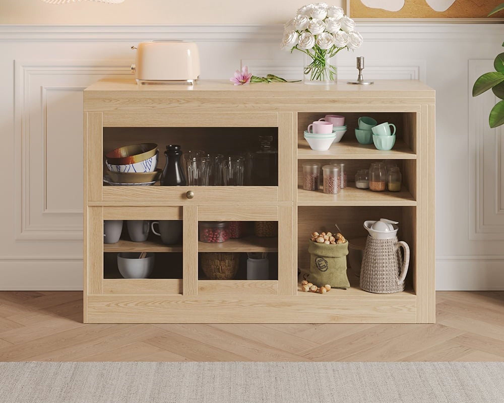 HMR Farmhouse Extendable Wood Sideboards and Cabinets with Ample Storage - Natural