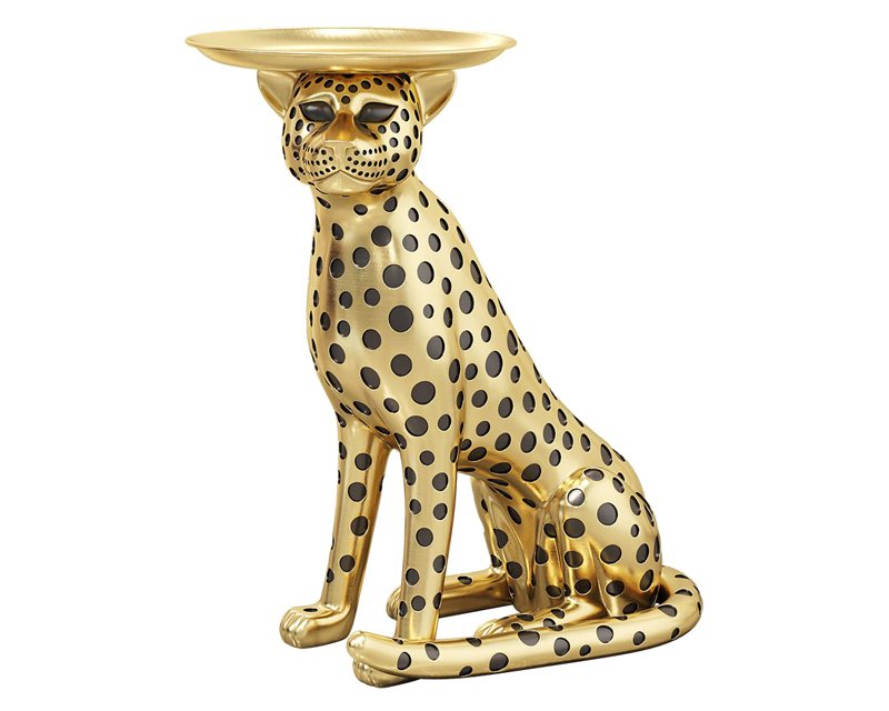 HMR Panther Figurine Resin Art Deco Side Table with Tray Top - Gold