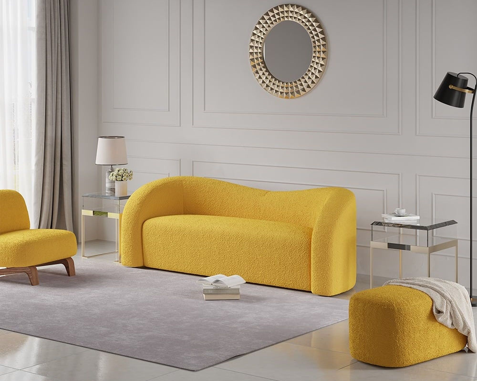 HMR Modern 91" Curved 3 Seater Sofa with Boucle Upholstered - Yellow