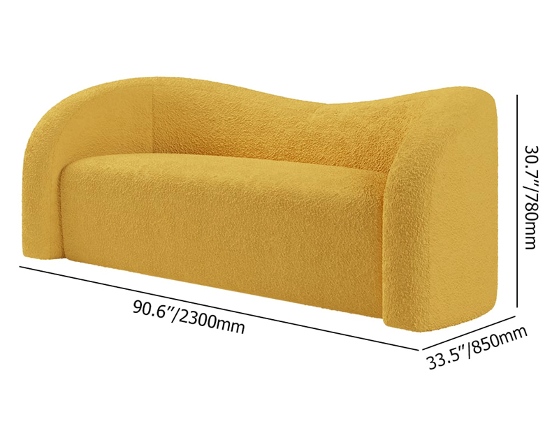 HMR Modern 91" Curved 3 Seater Sofa with Boucle Upholstered - Yellow