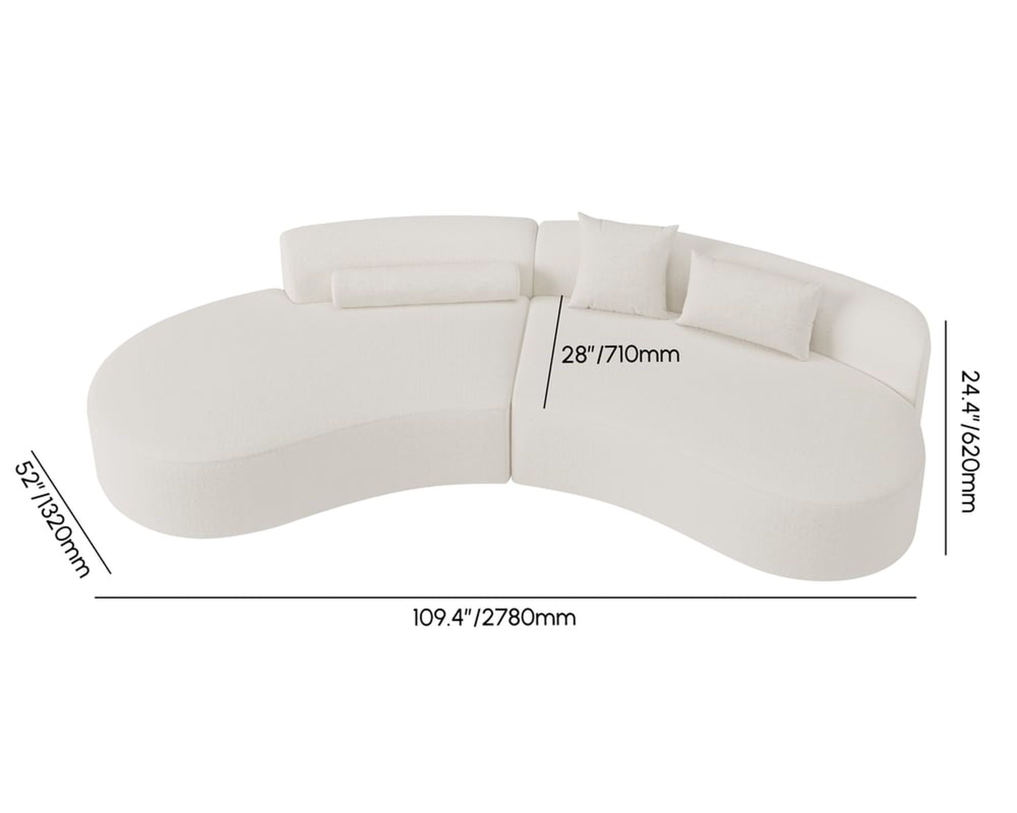 HMR 109" 2-Piece Curved Sectional Sofa with Pillows - White, Boucle