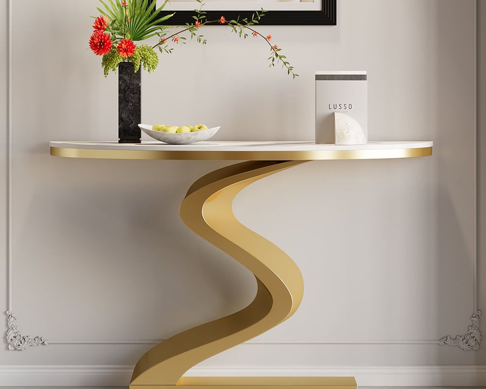 HMR Modern 39.4" Curved Console Table with Sintered Stone Top Half Moon Shape - White & Gold