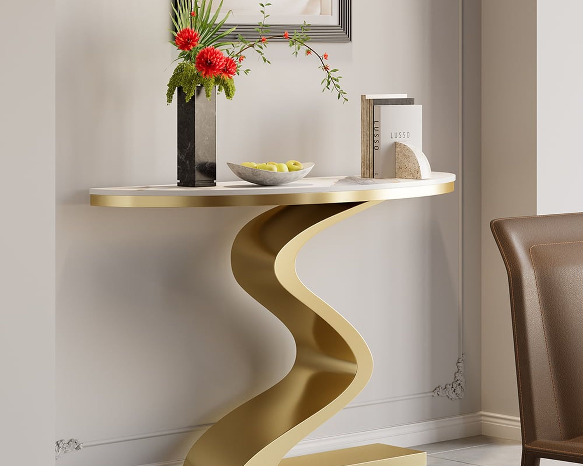 HMR Modern 39.4" Curved Console Table with Sintered Stone Top Half Moon Shape - White & Gold