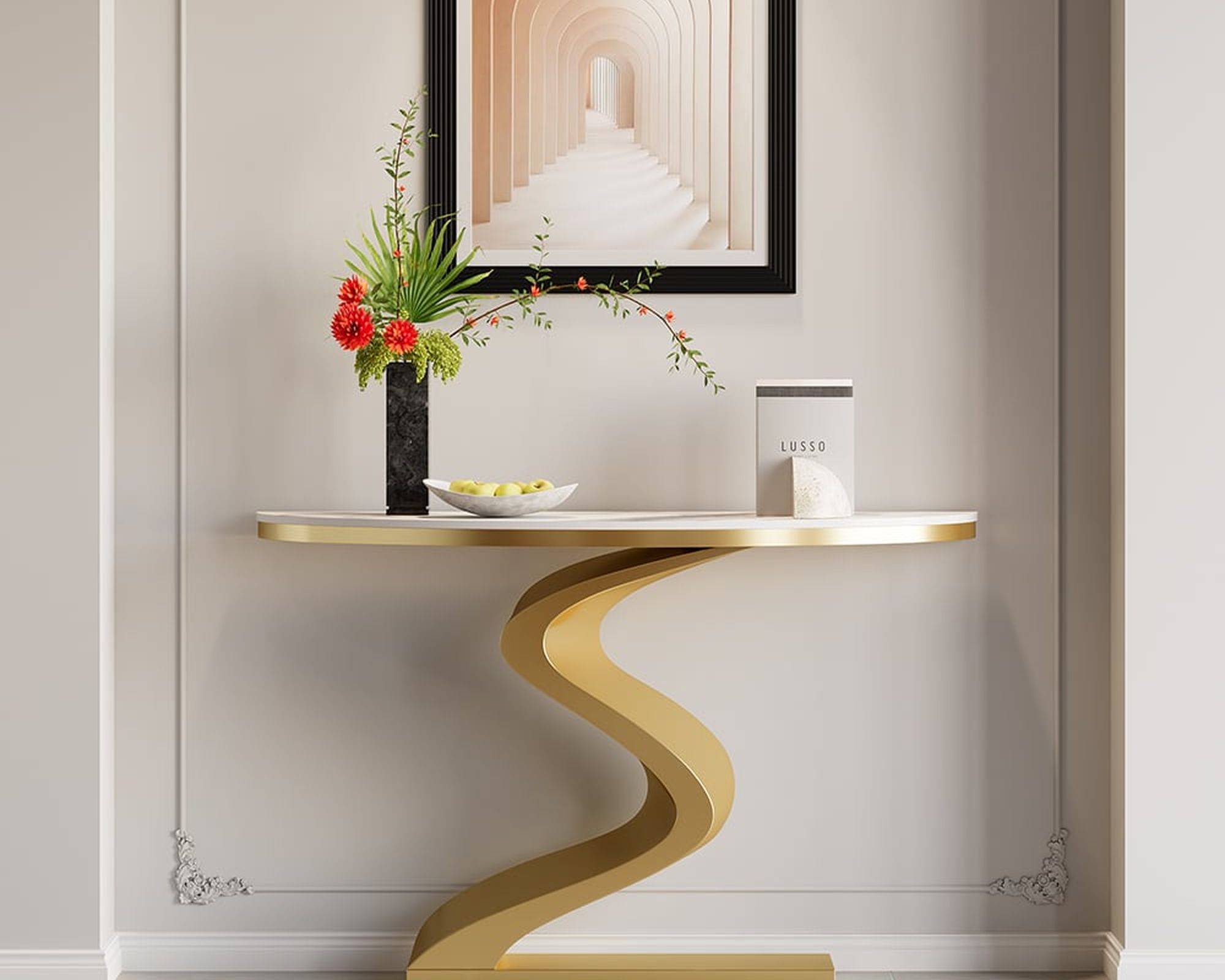 HMR Modern 39.4" Curved Console Table with Sintered Stone Top Half Moon Shape - White & Gold