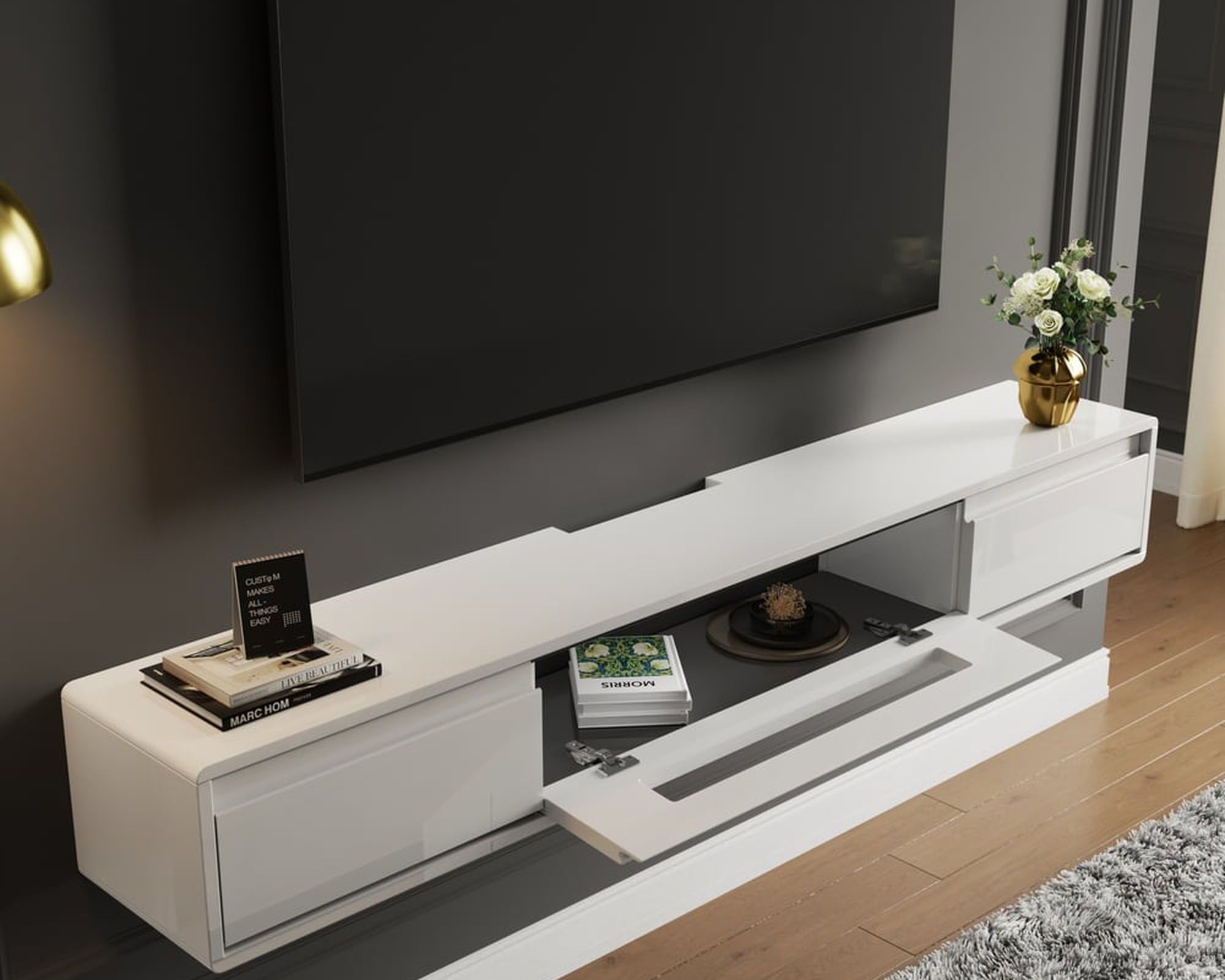 HMR Smooth TV Stand Postmodern Minimalist Floating Media Console with Storage - White, 59"W x 9.4"D x 8.3"H