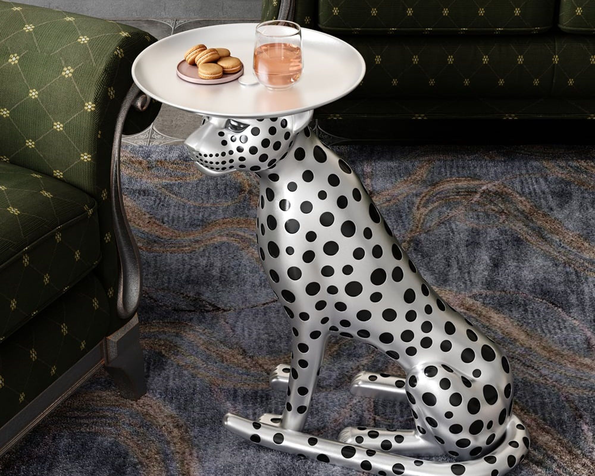 HMR Panther Figurine Resin Art Deco Side Table with Tray Top - Silver