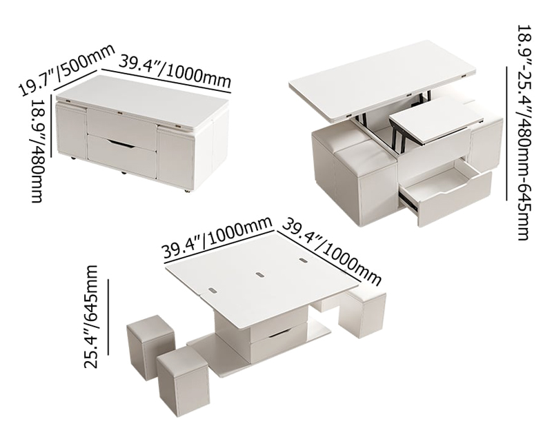 HMR 39" Lift-Top Foldable Coffee Table with 4 Stools & Storage - White