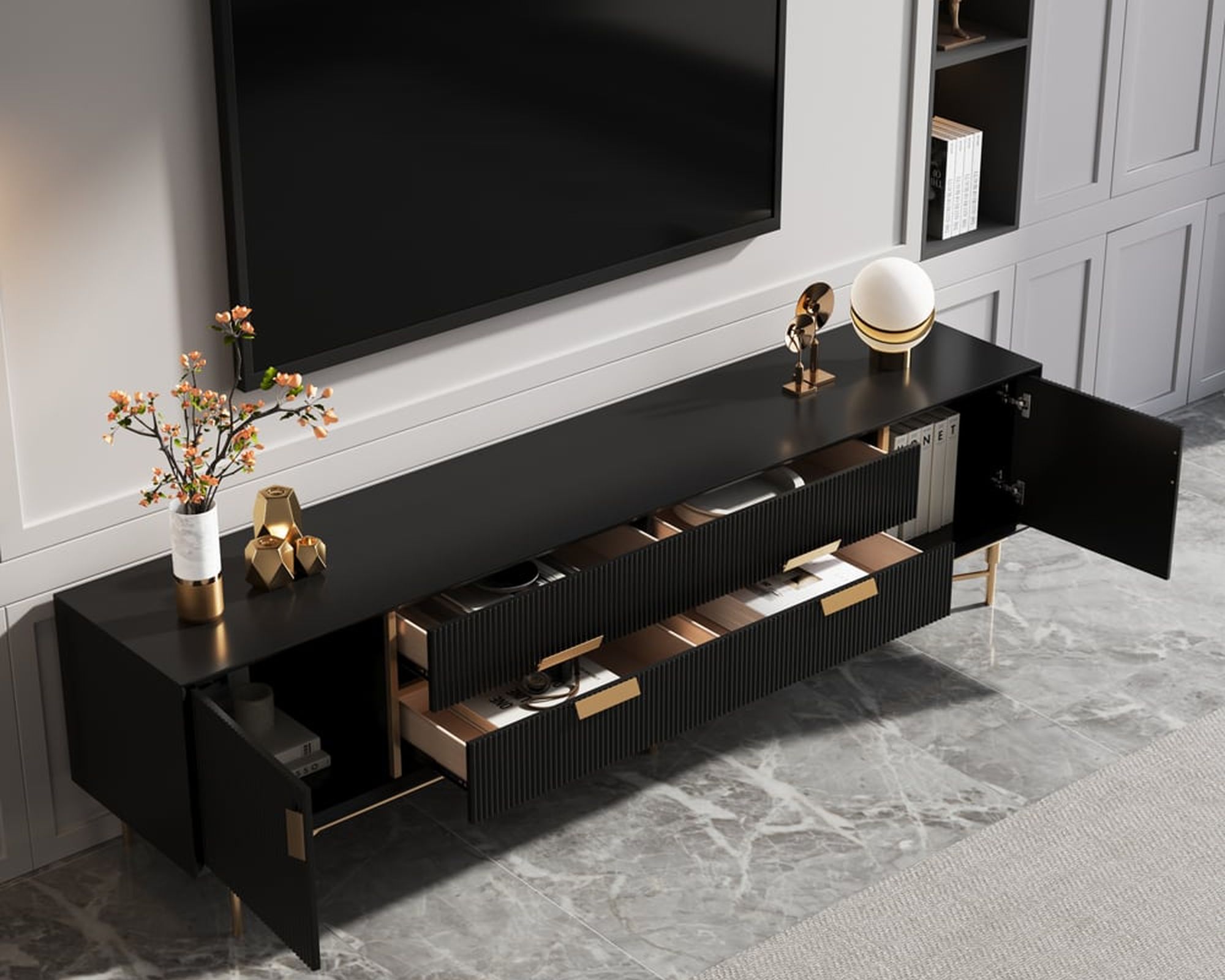 HMR Modern Rectangle TV Stand Media Console for 85" TVs with 4 Drawers & Doors MDF - Black, 86.6"