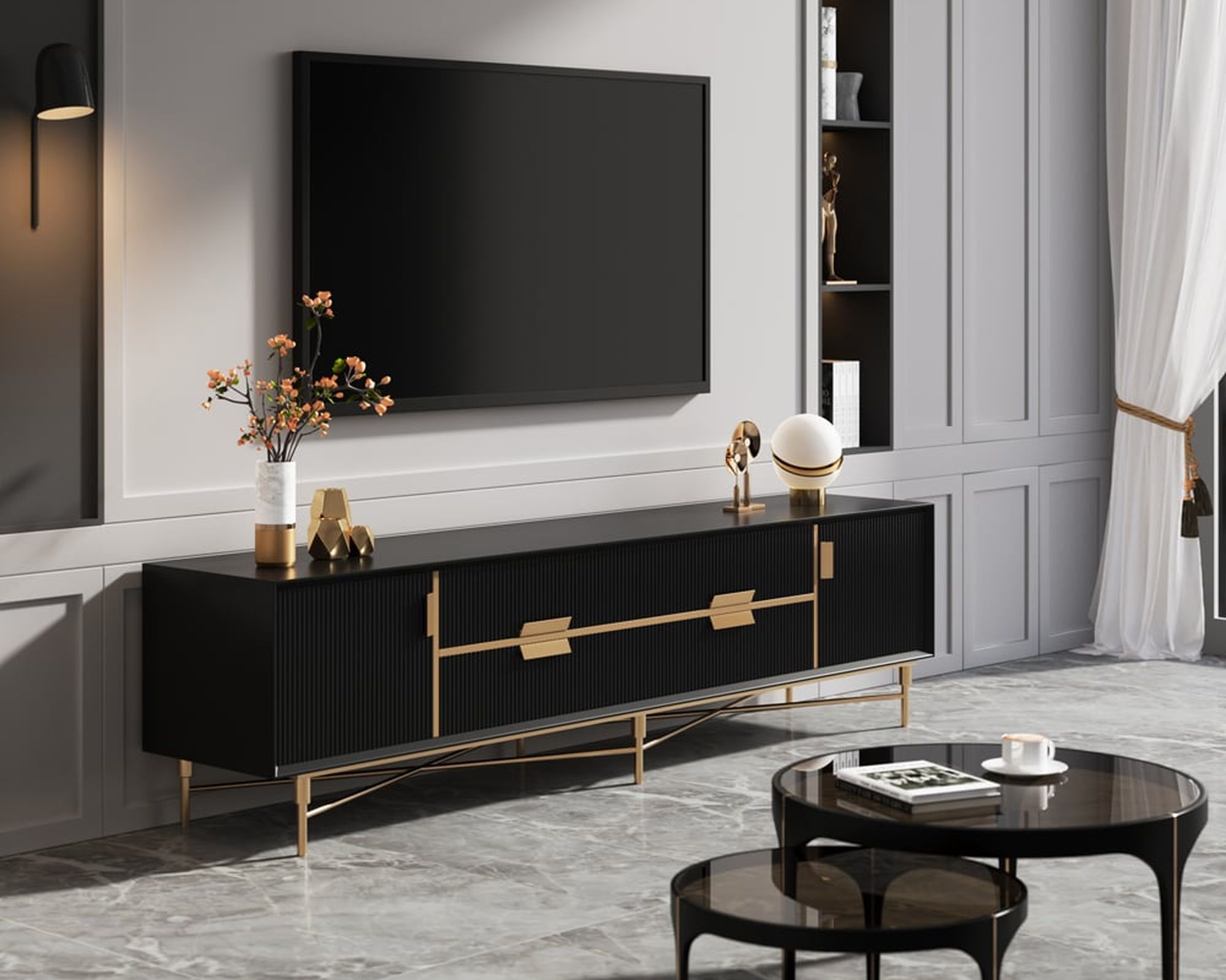 HMR Modern Rectangle TV Stand Media Console for 85" TVs with 4 Drawers & Doors MDF - Black, 86.6"