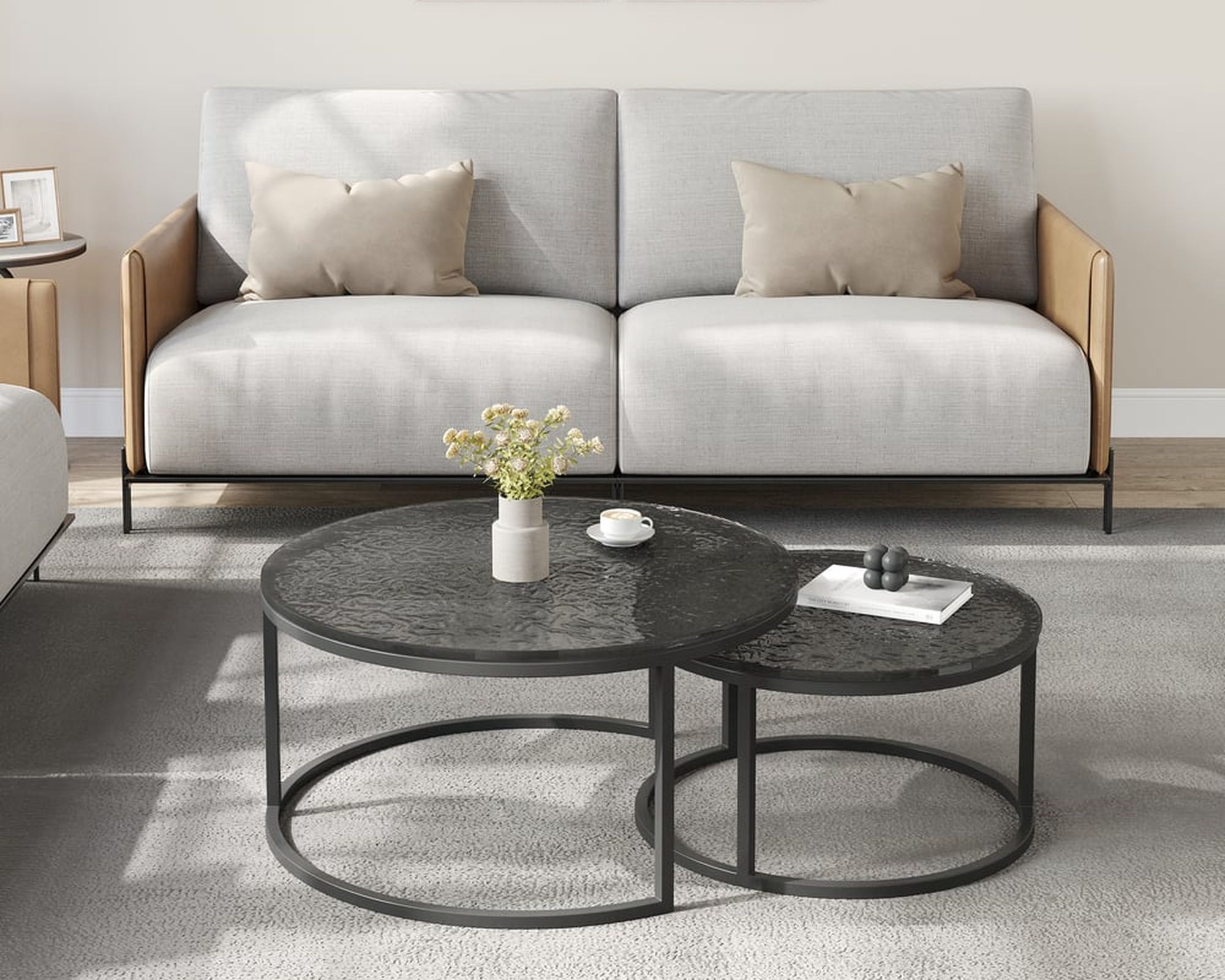 HMR Fero Round Nesting Coffee Table Set (24"-32") - Gray/Black, Glass