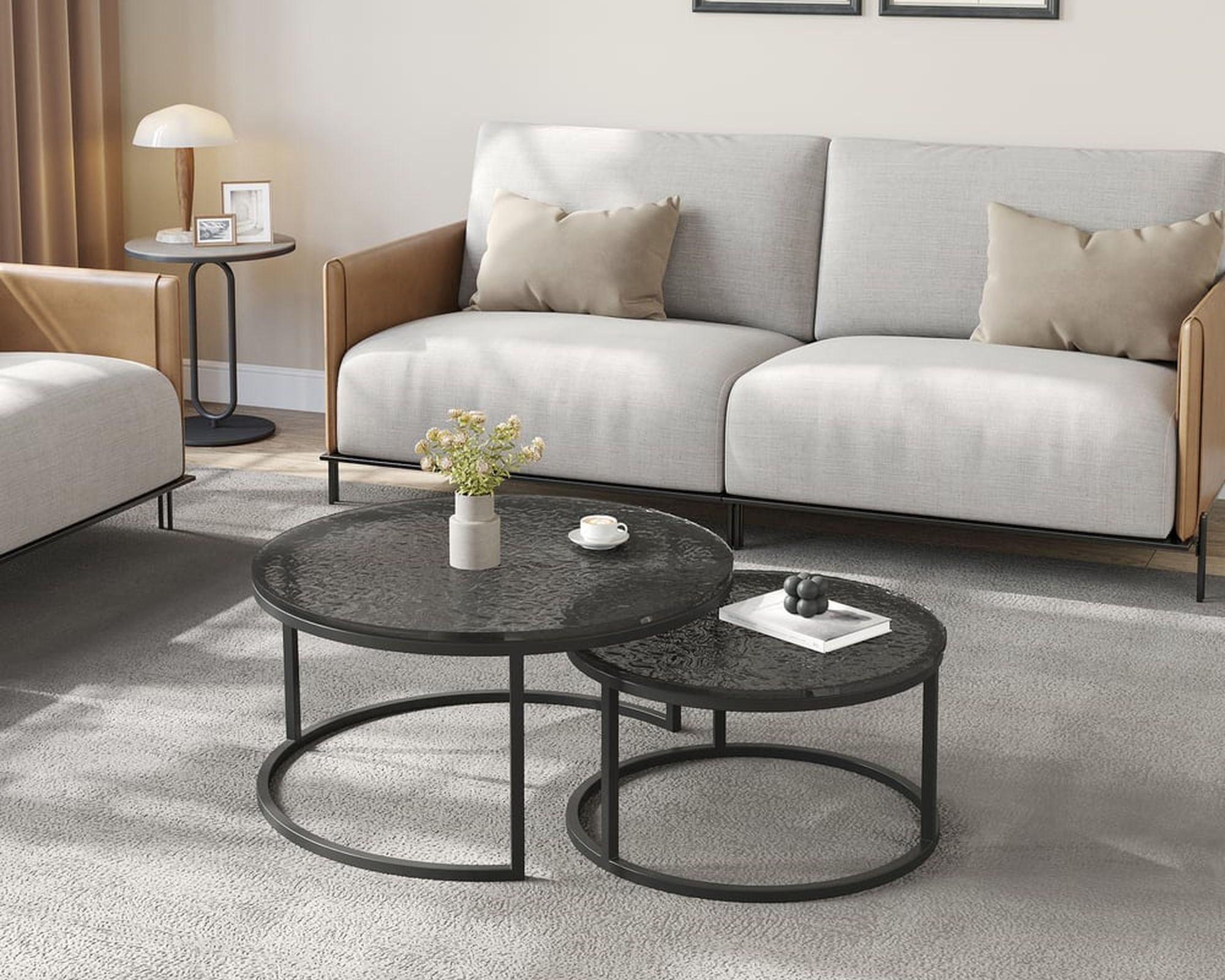 HMR Fero Round Nesting Coffee Table Set (24"-32") - Gray/Black, Glass