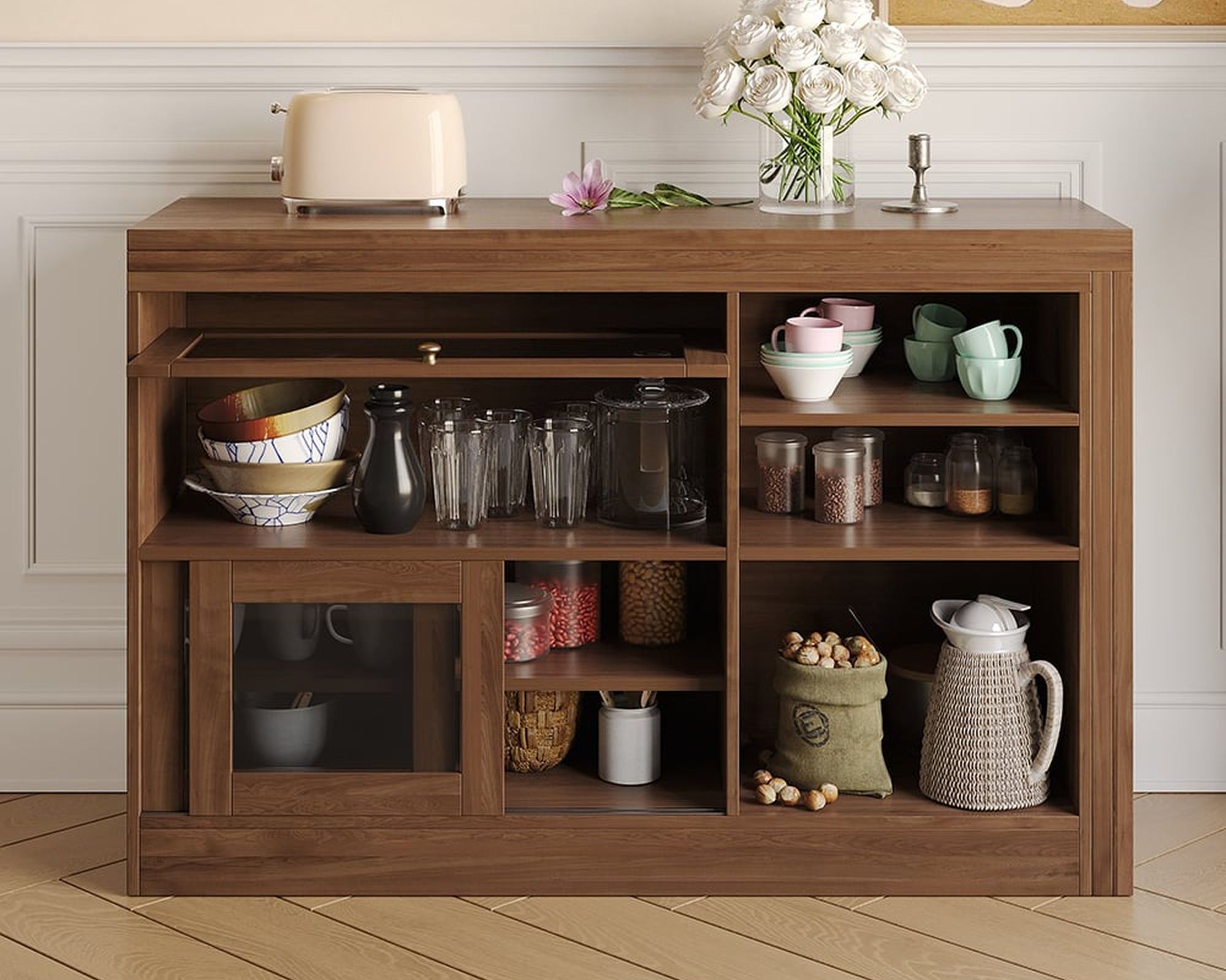 HMR Farmhouse Extendable Wood Sideboards and Cabinets with Ample Storage - Walnut