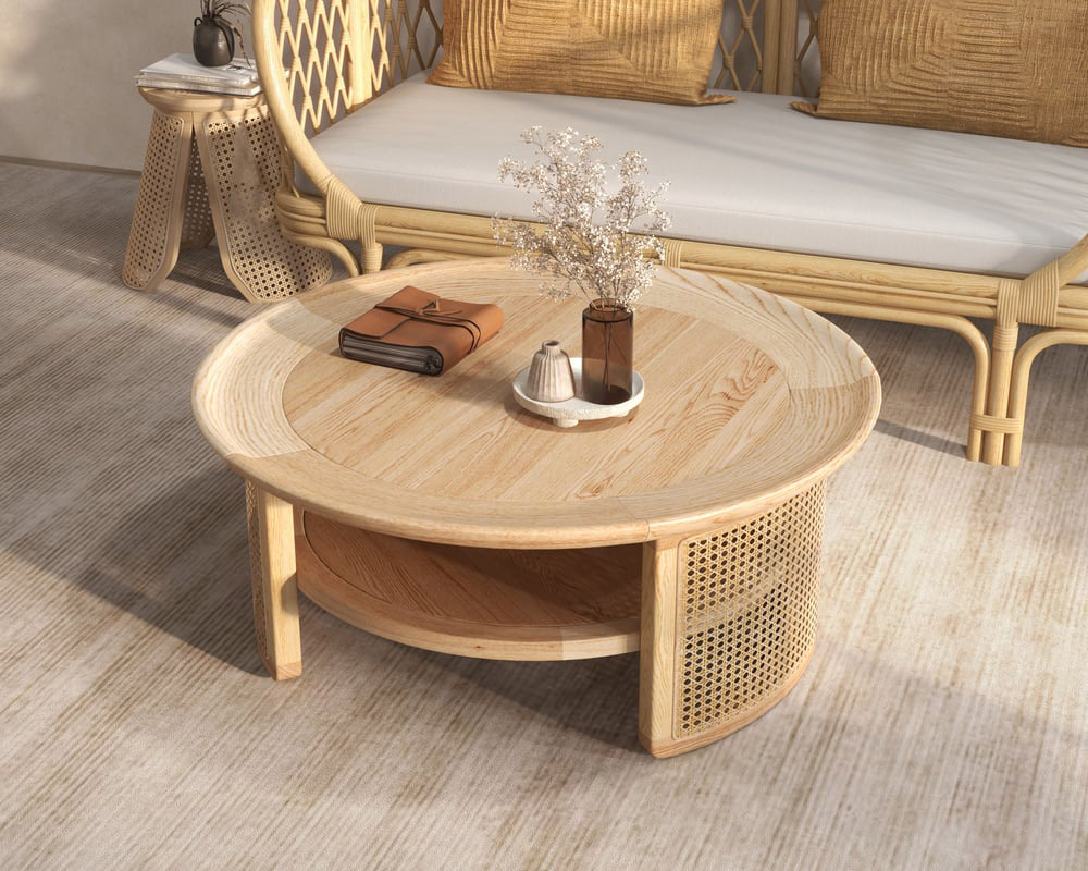 HMR - 2-Tiered Japandi Round Wood Coffee Table with Rattan Base