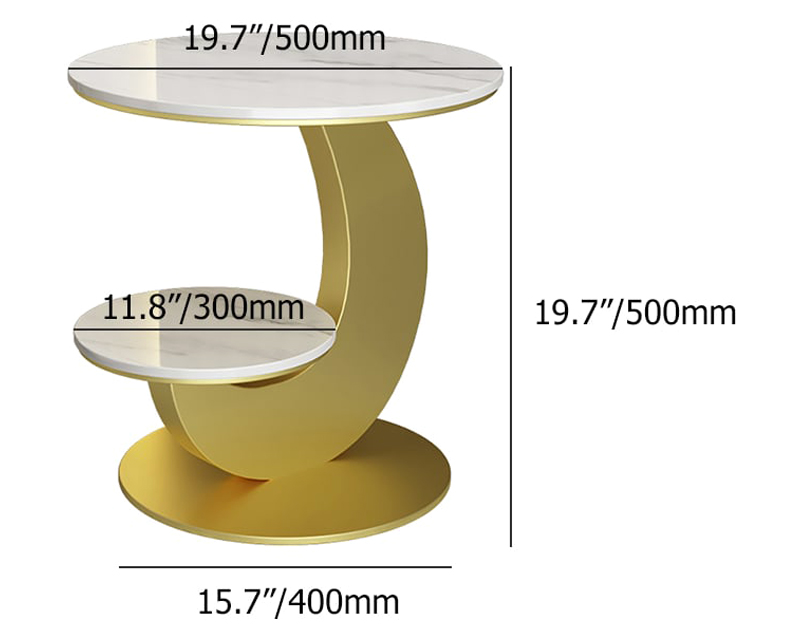 HMR 20" Round Sintered Stone 2-Tier Moon-Shaped Side Table - White & Gold