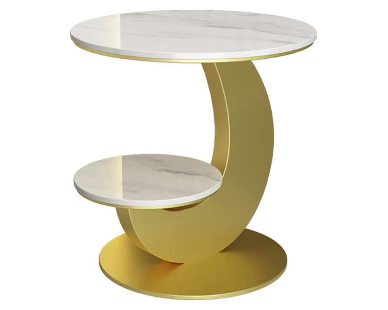 HMR 20" Round Sintered Stone 2-Tier Moon-Shaped Side Table - White & Gold