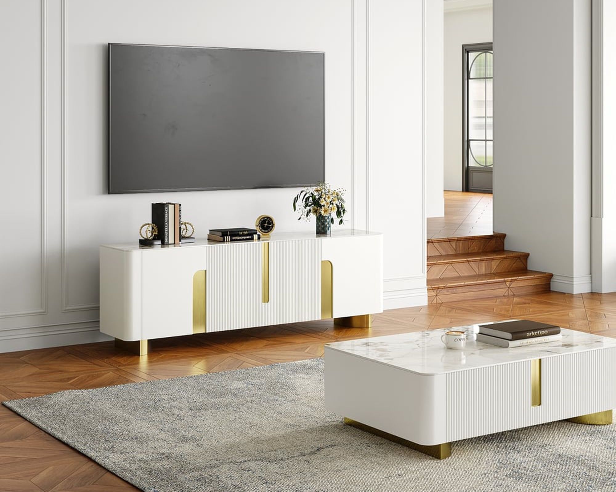 HMR Artus Modern TV Stand Stone Top 4 Doors with Storage Media Console - Beige, 80"W x 18"D x 26.5"H