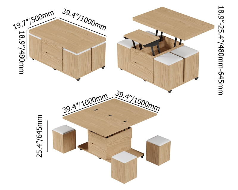 HMR 39" Lift-Top Foldable Coffee Table with 4 Stools & Storage - Natural