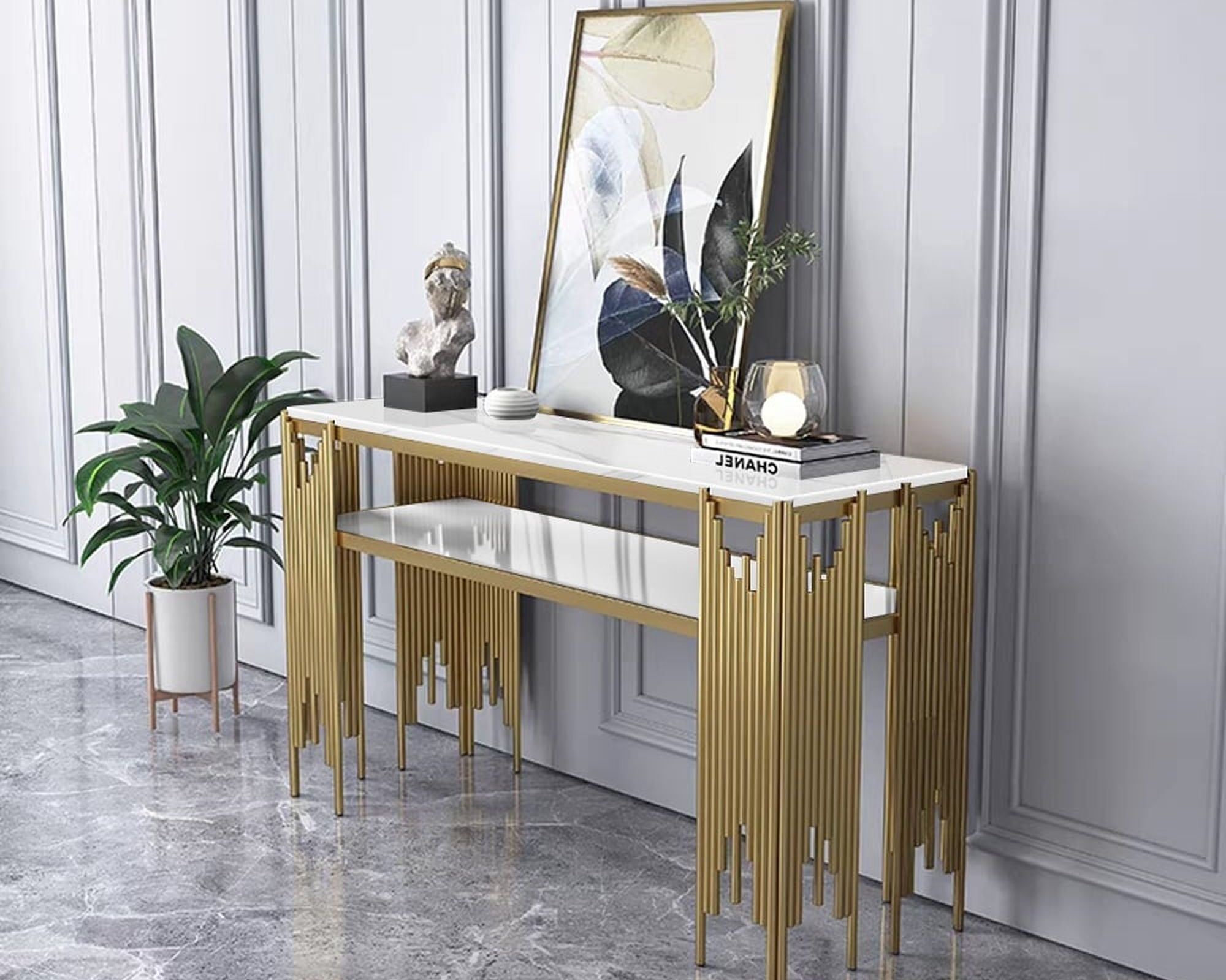 HMR 47.2" Modern Faux Marble Narrow Console Table with Storage Shelf and 4 Gold Legs - White & Gold