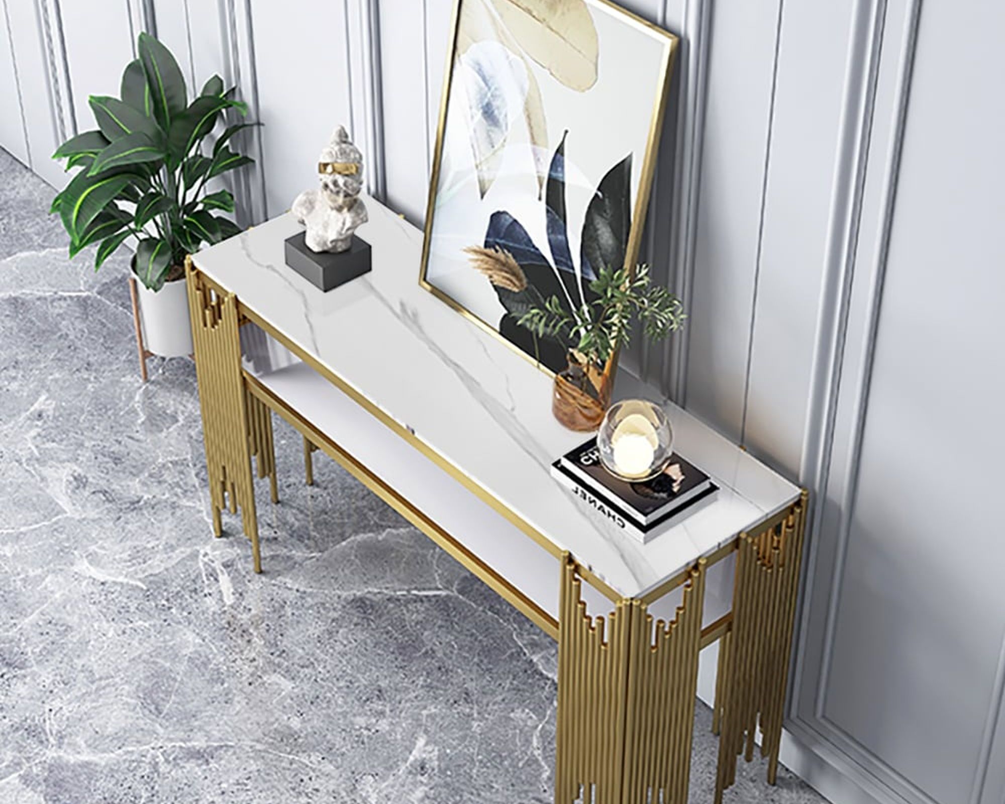 HMR 47.2" Modern Faux Marble Narrow Console Table with Storage Shelf and 4 Gold Legs - White & Gold