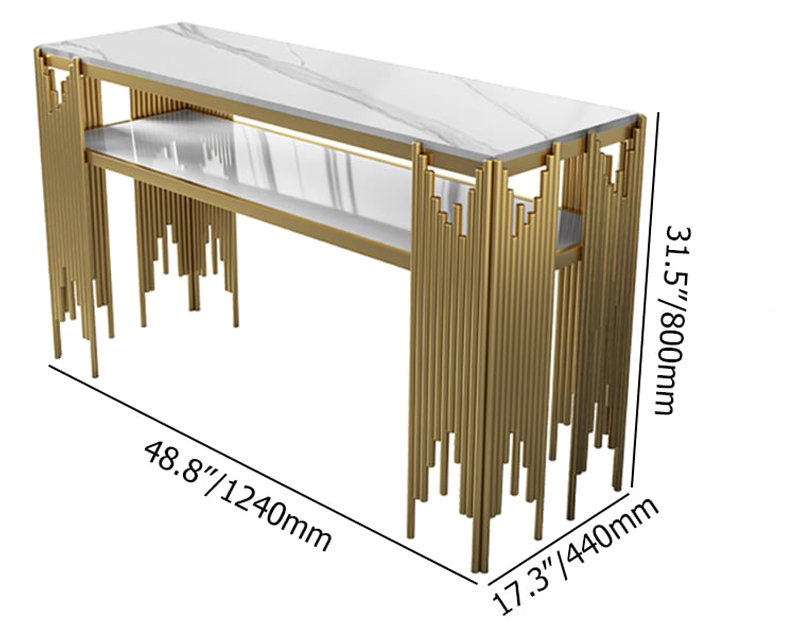 HMR 47.2" Modern Faux Marble Narrow Console Table with Storage Shelf and 4 Gold Legs - White & Gold