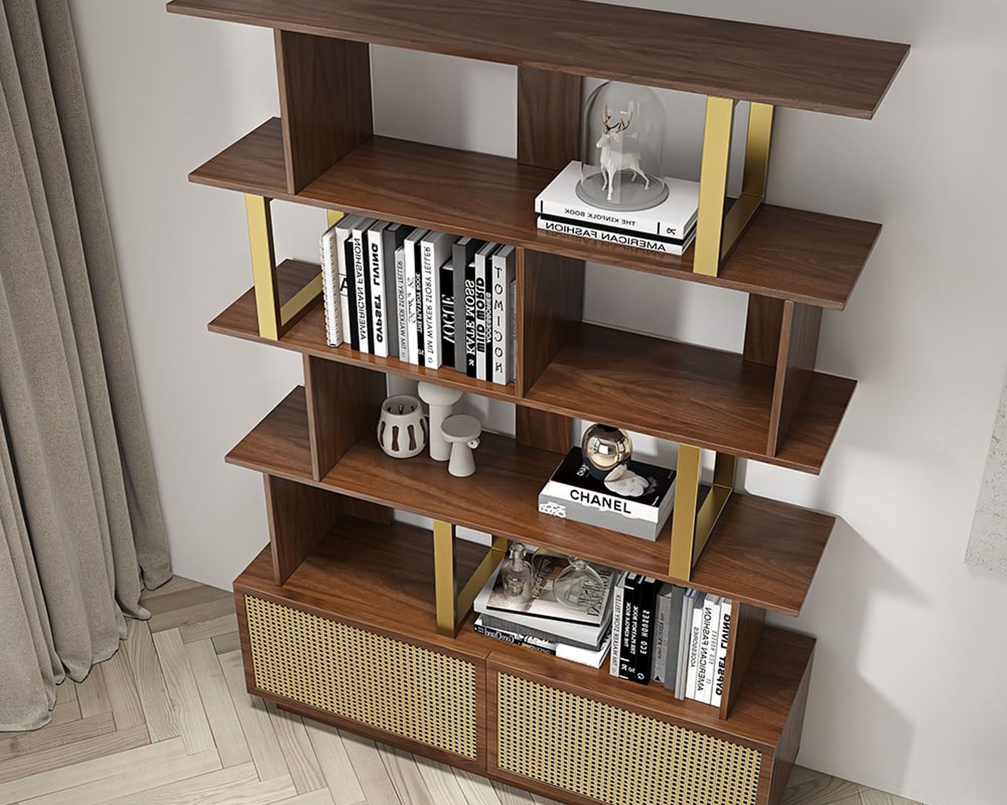 HMR 5-Tier Wood Bookshelf with 2 Doors Modern Bookcase in Gold Finish - Walnut