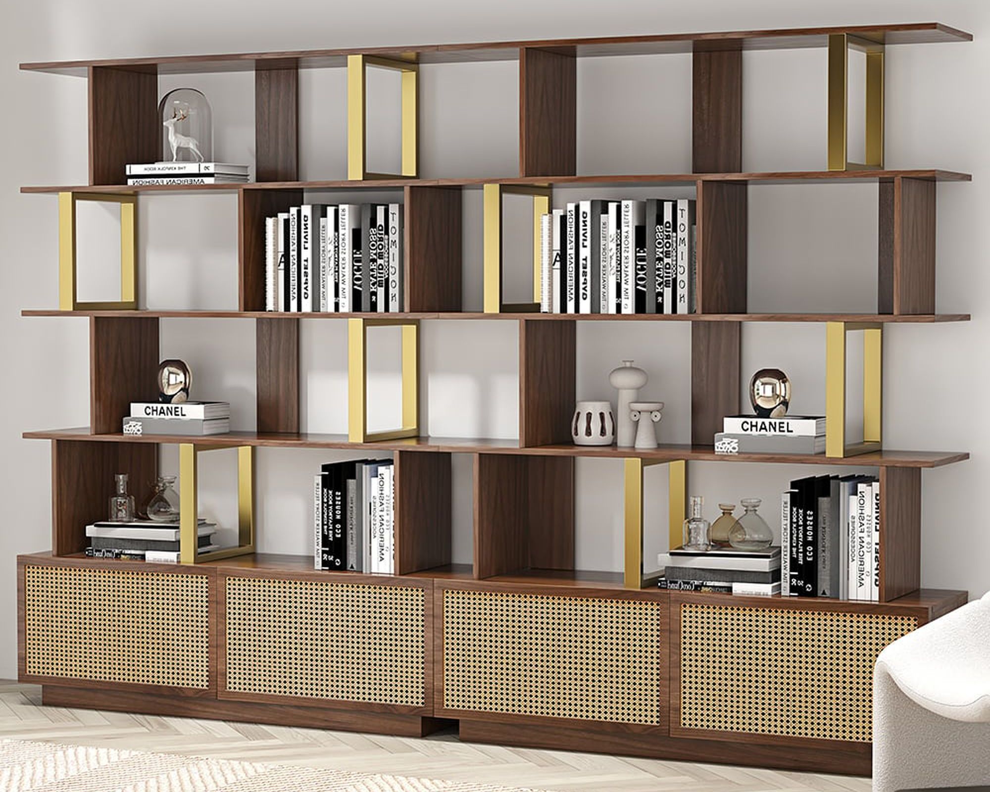 HMR 5-Tier Wood Bookshelf with 2 Doors Modern Bookcase in Gold Finish - Walnut