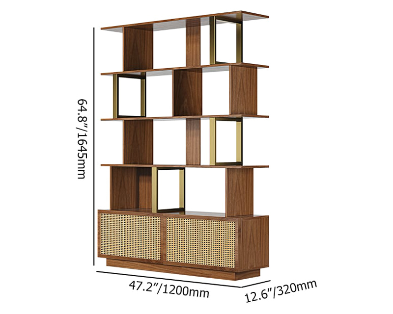 HMR 5-Tier Wood Bookshelf with 2 Doors Modern Bookcase in Gold Finish - Walnut