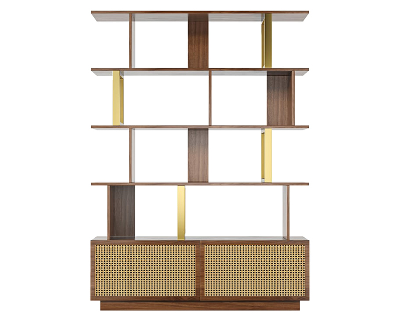 HMR 5-Tier Wood Bookshelf with 2 Doors Modern Bookcase in Gold Finish - Walnut