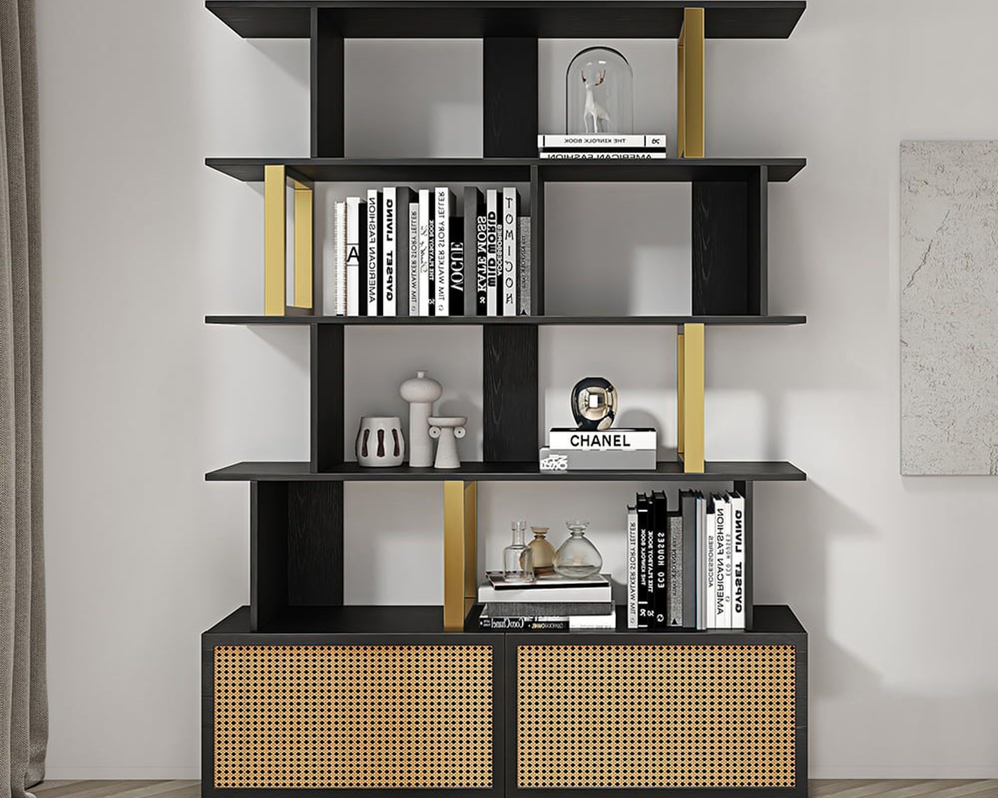 HMR 5-Tier Wood Bookshelf with 2 Doors Modern Bookcase in Gold Finish - Black