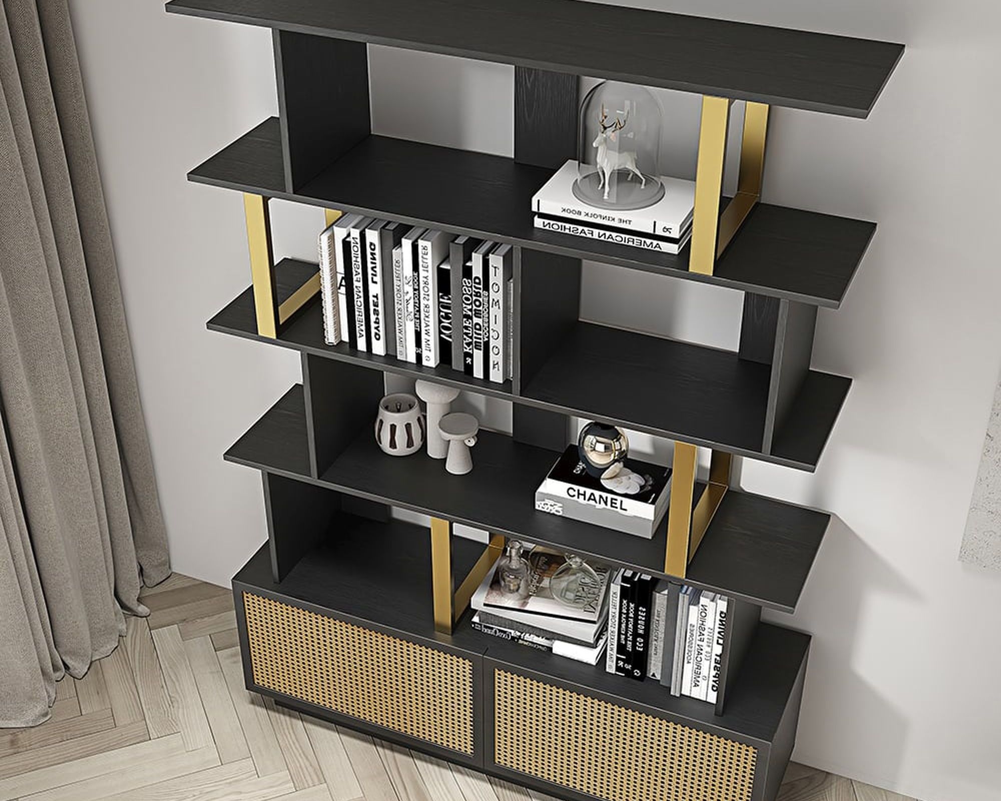 HMR 5-Tier Wood Bookshelf with 2 Doors Modern Bookcase in Gold Finish - Black