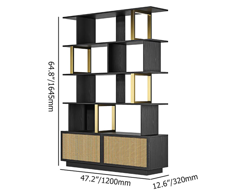 HMR 5-Tier Wood Bookshelf with 2 Doors Modern Bookcase in Gold Finish - Black