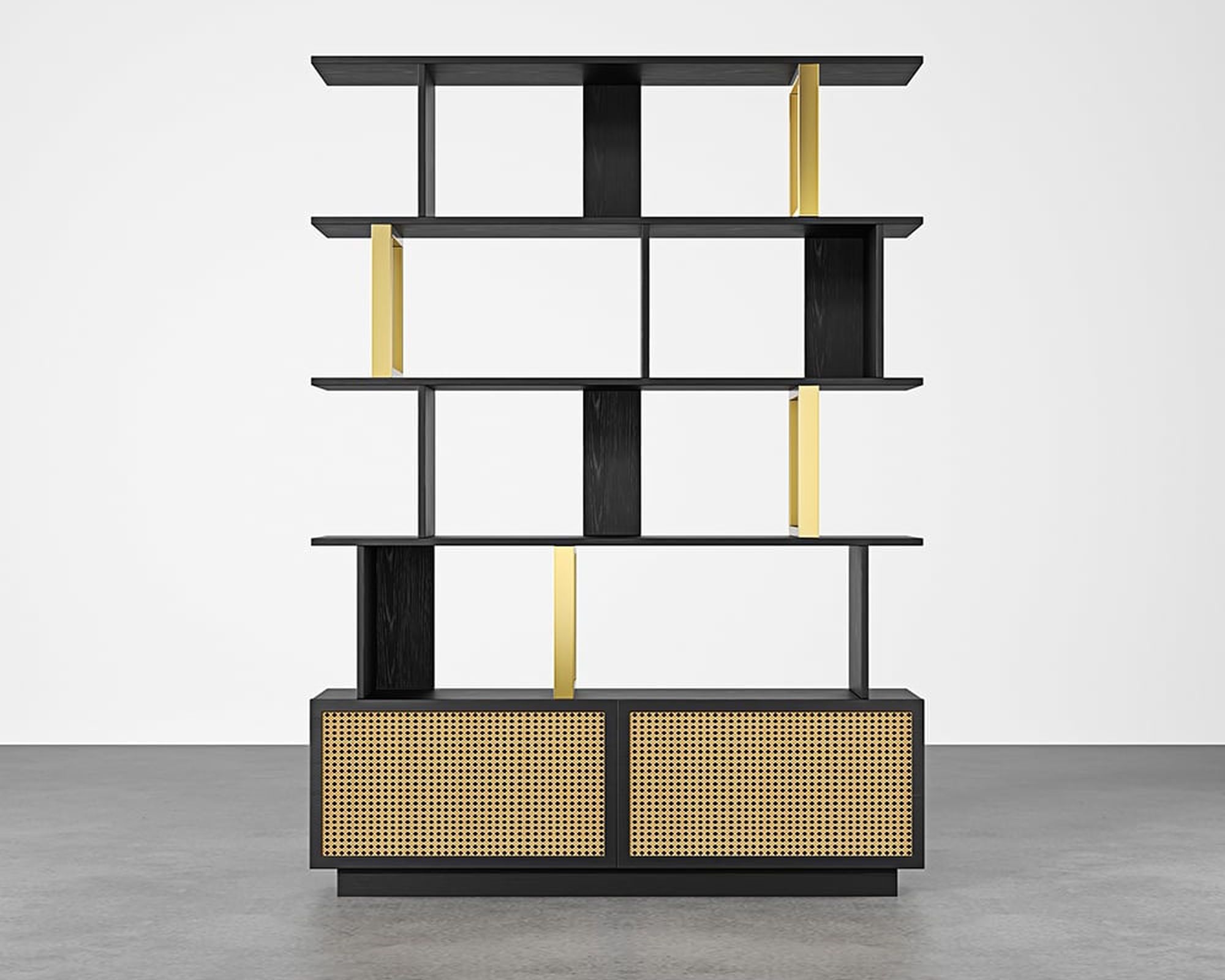 HMR 5-Tier Wood Bookshelf with 2 Doors Modern Bookcase in Gold Finish - Black