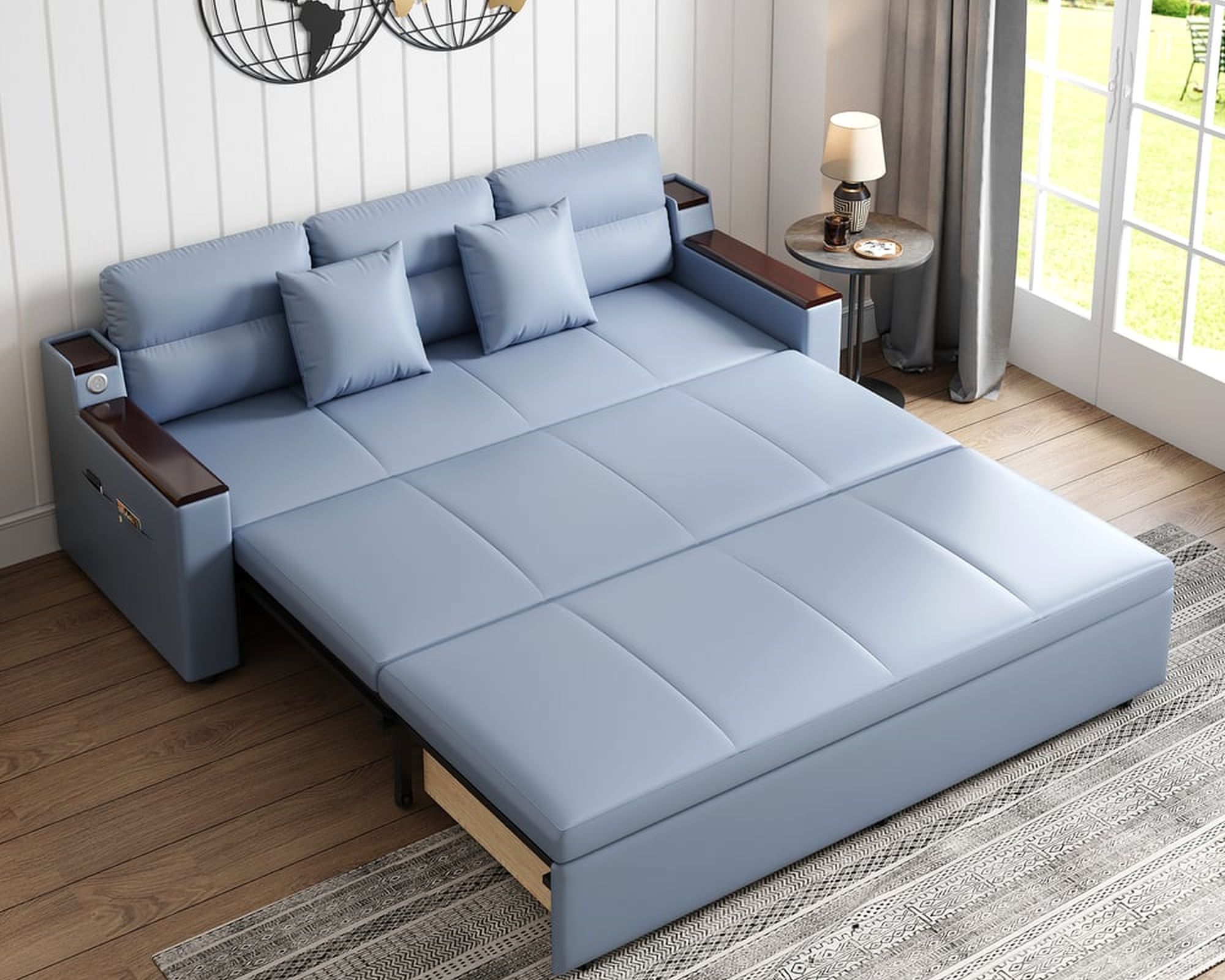 HMR 83" King 3-Seater Sleeper Sofa with Trundle & USB Port - Blue, Leath-Aire