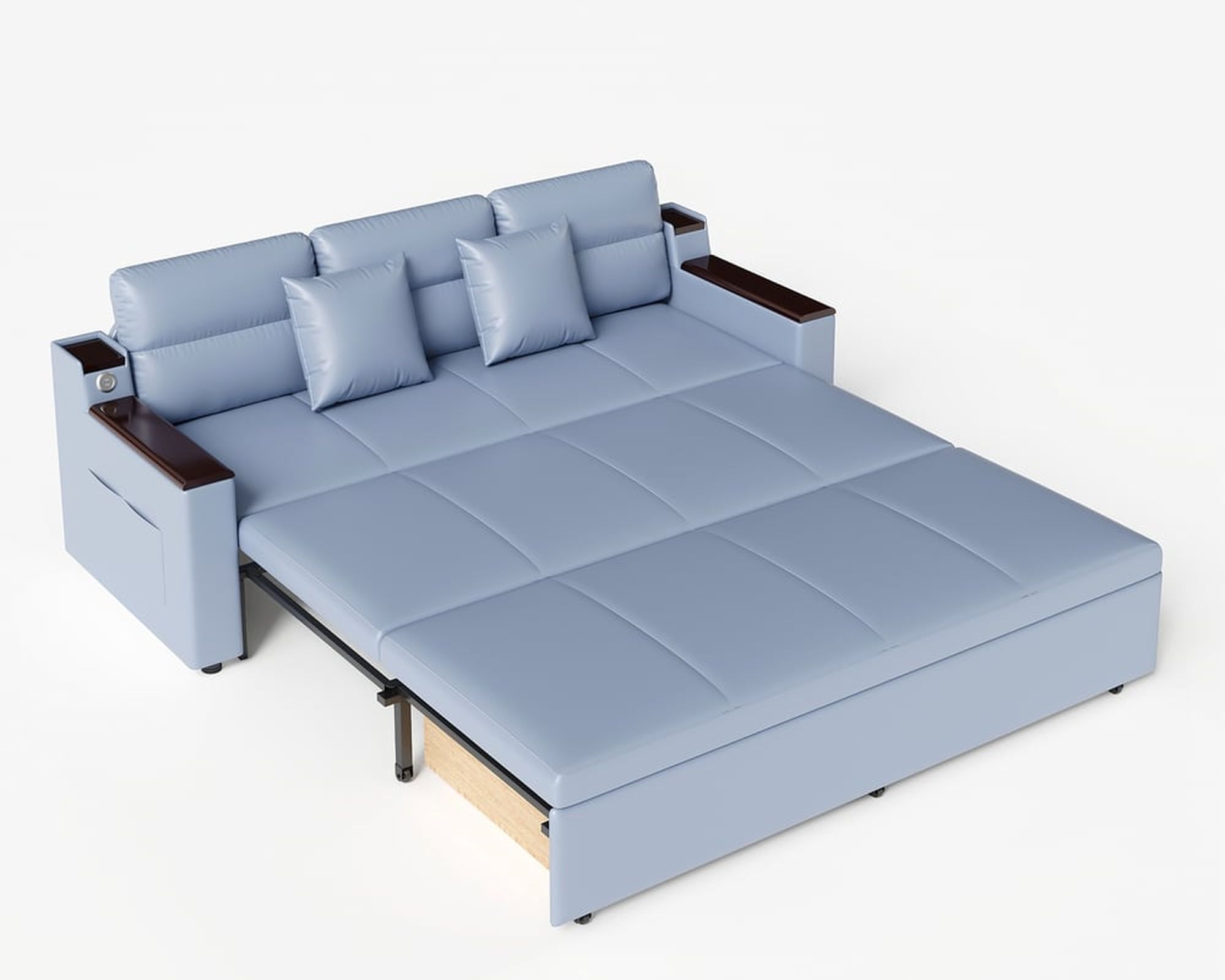 HMR 83" King 3-Seater Sleeper Sofa with Trundle & USB Port - Blue, Leath-Aire