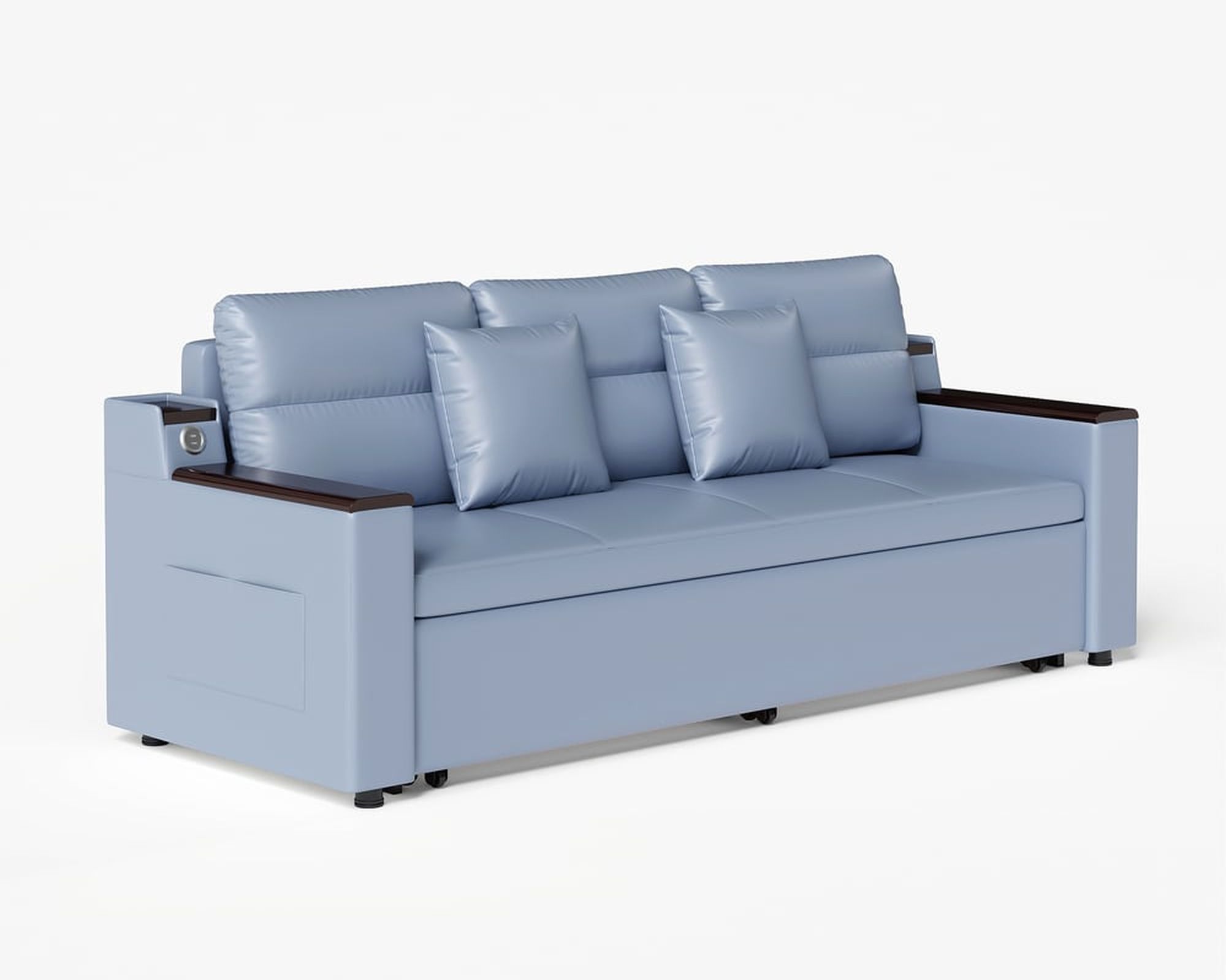 HMR 83" King 3-Seater Sleeper Sofa with Trundle & USB Port - Blue, Leath-Aire