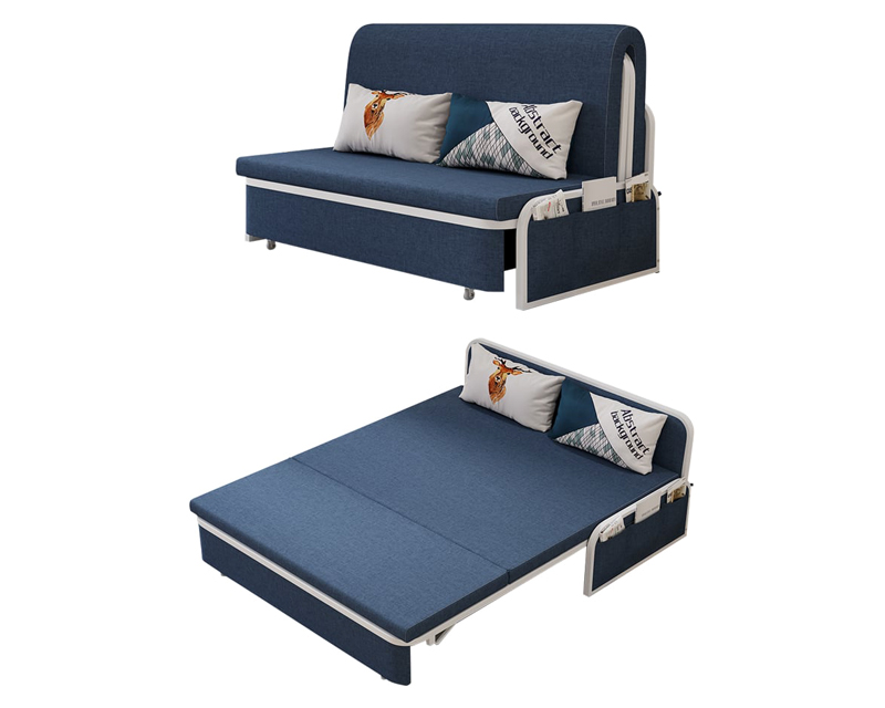 HMR Modern 2-Seater Linen Sleeper Sofa with Trundle - Blue, Queen Size