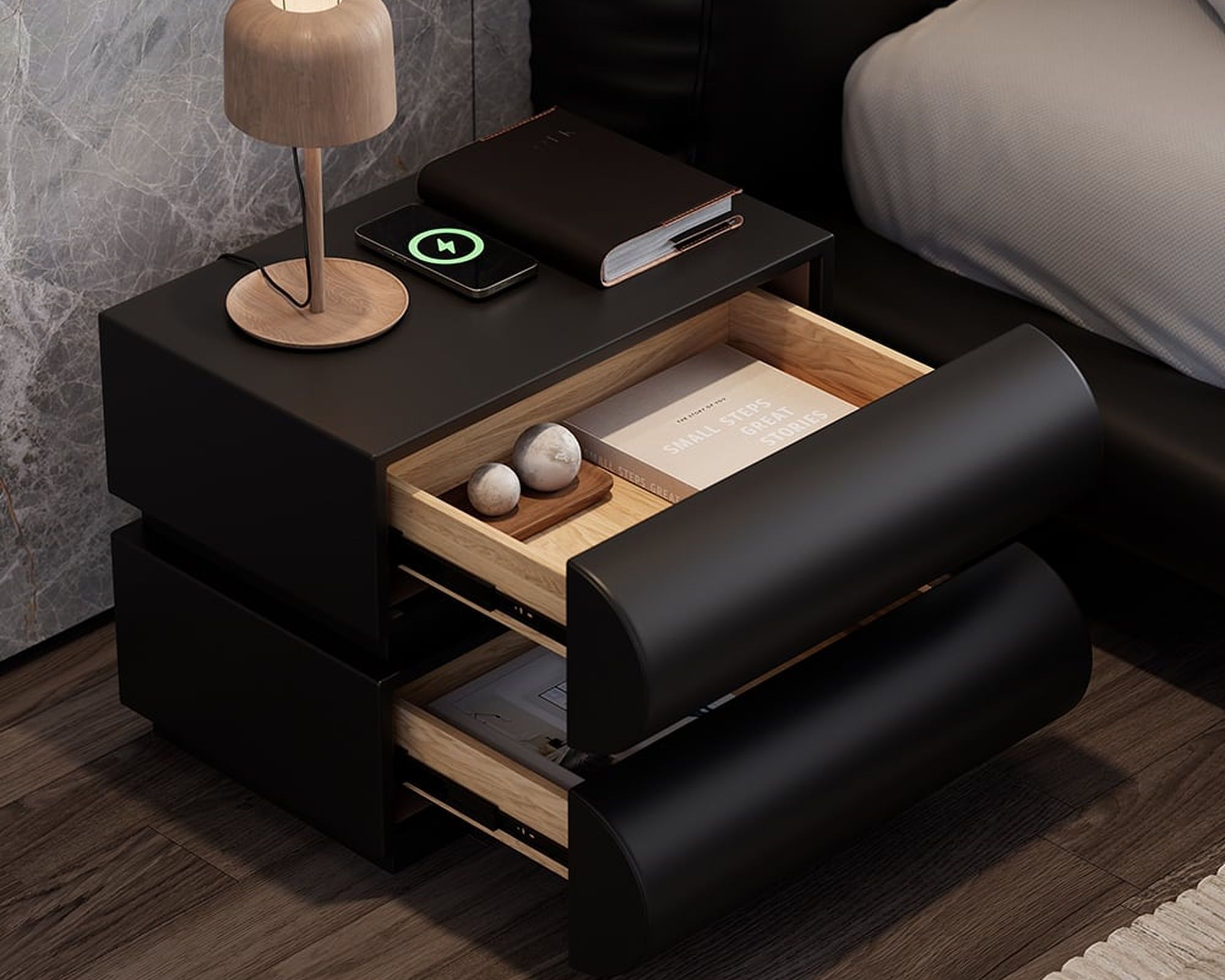 HMR Humply Modern Leather Smart Nightstand with Wireless Charger Drawers - Black, 2-Drawer, Single