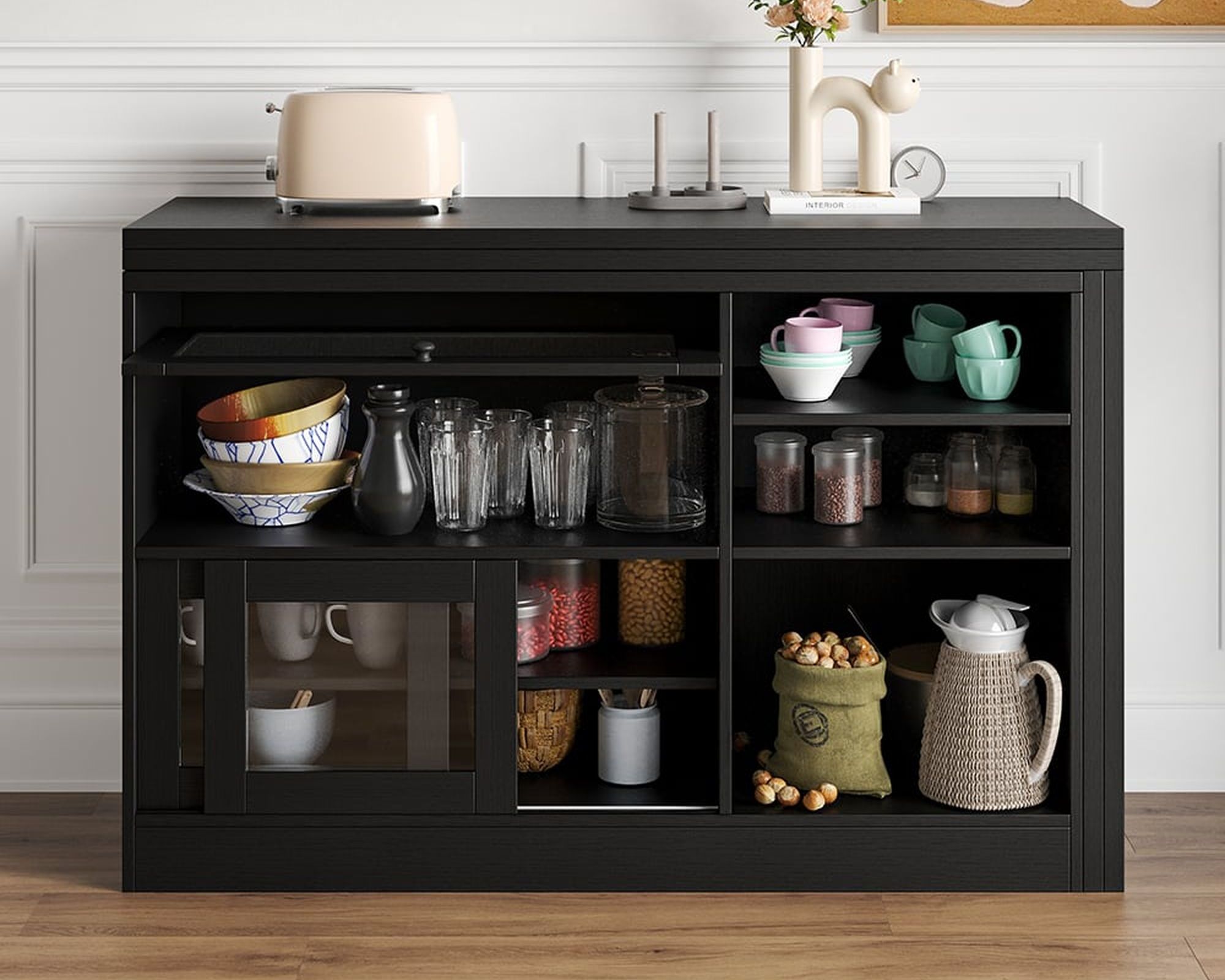 HMR Farmhouse Extendable Wood Sideboards and Cabinets with Ample Storage - Black