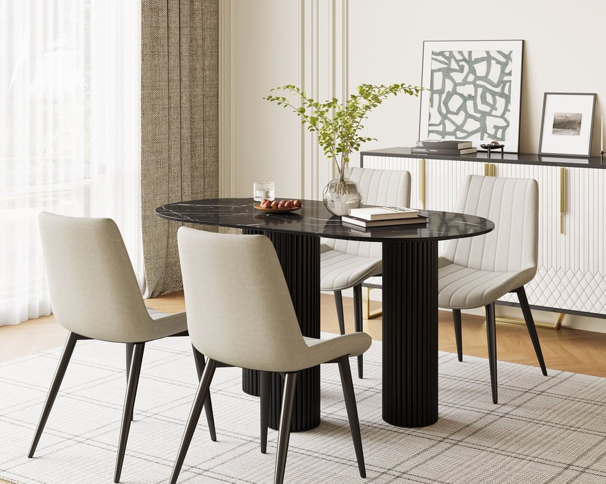 HMR Modern Round Sintered Stone Dining Table - Black, 55.1"L x 29.5"W x 29.5"H