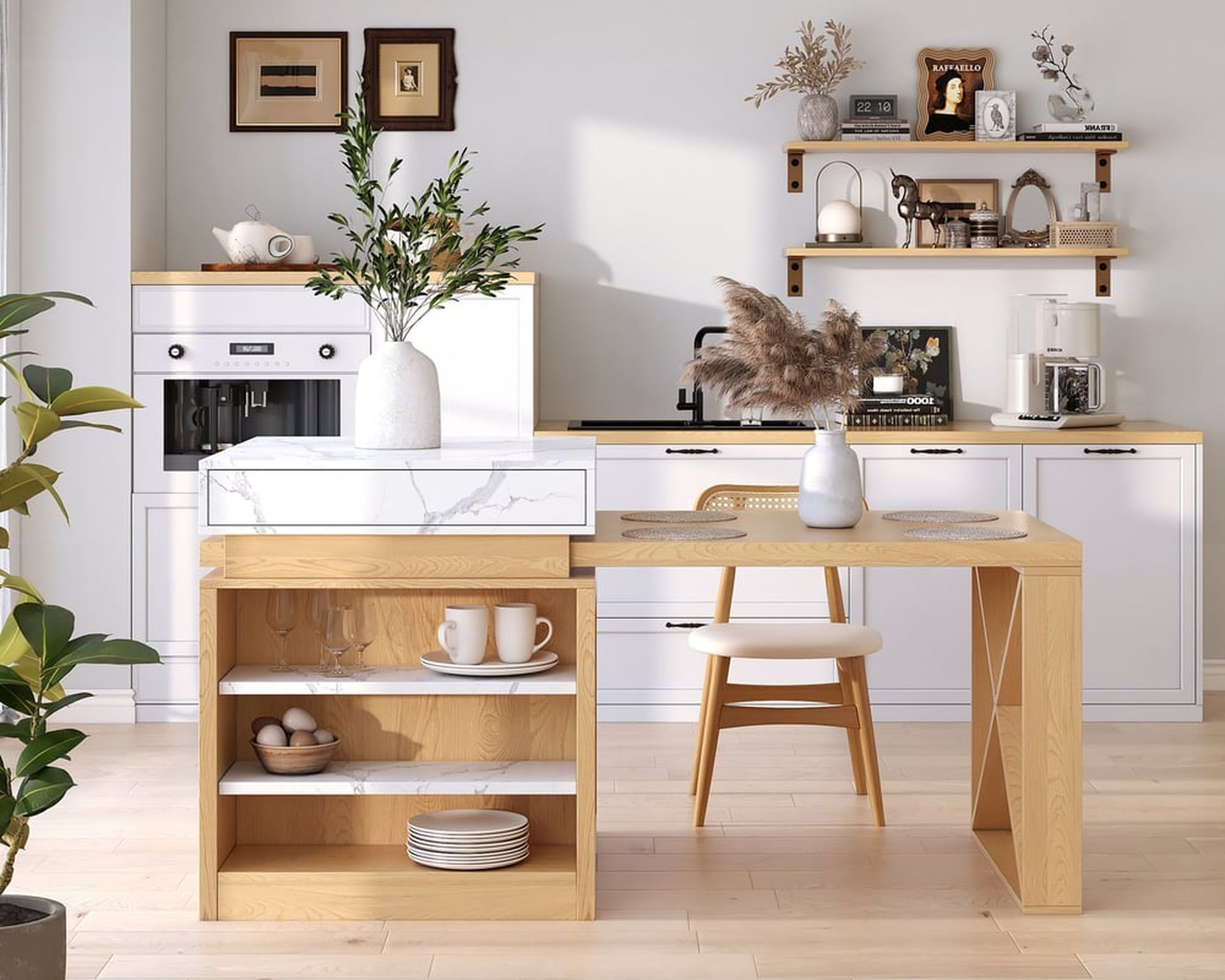 HMR 73"-93" Extendable Kitchen Island with Storage Kitchen Cabinet - White & Natural