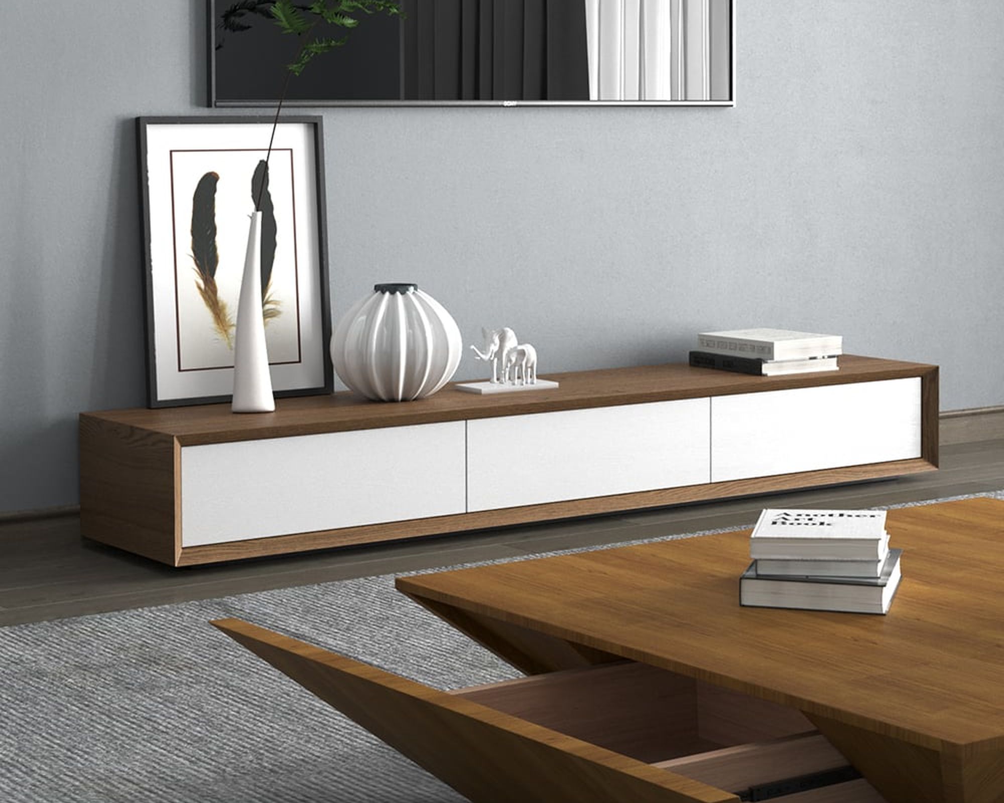 HMR Modern TV Stand Rectangle Media TV Console with Drawers - White & Walnut, 71"