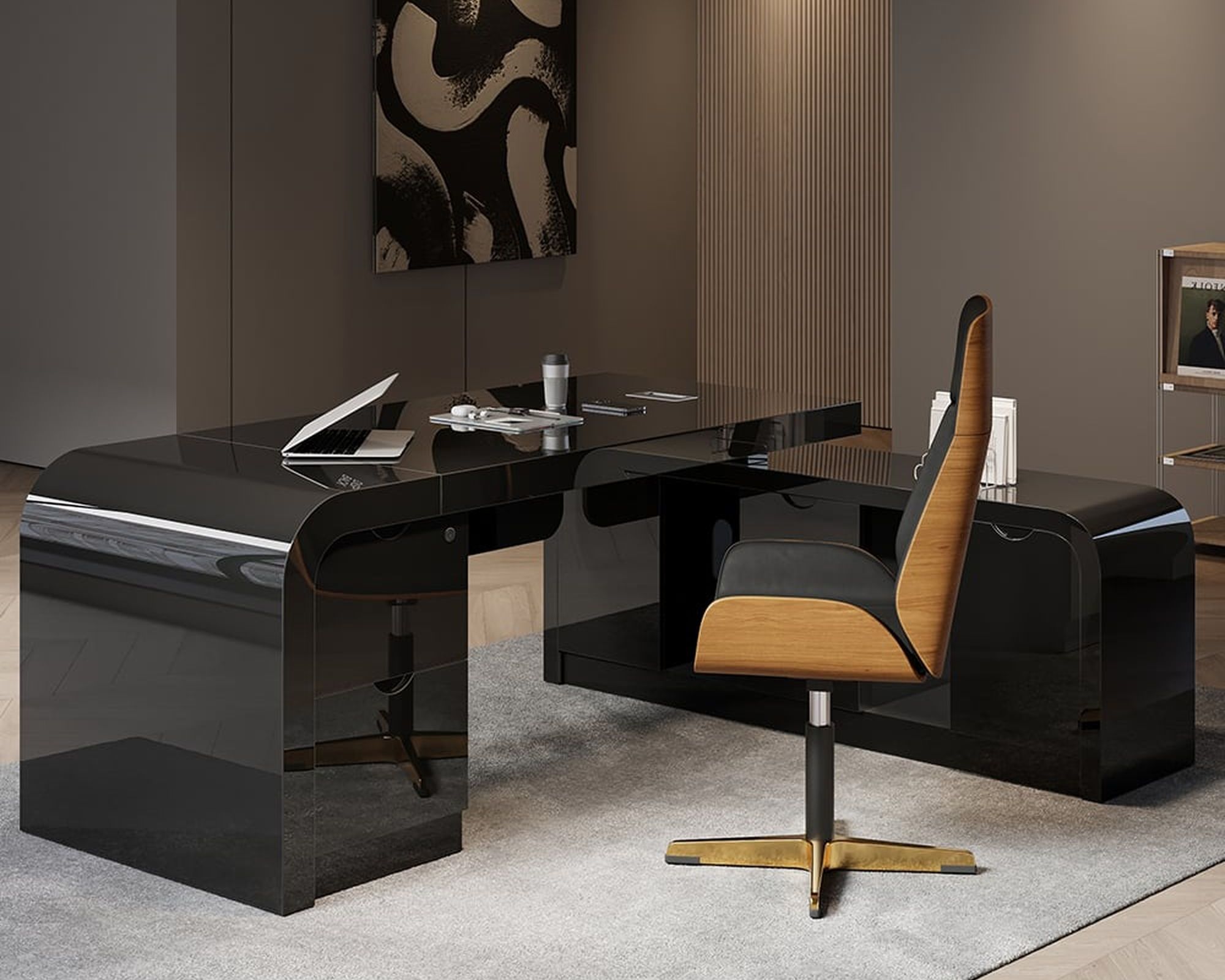 HMR Chicent L-shaped Modern Executive Desk with Ample Storage - Black, 70.9"L x 63.0"W x 29.9"H, Right Hand