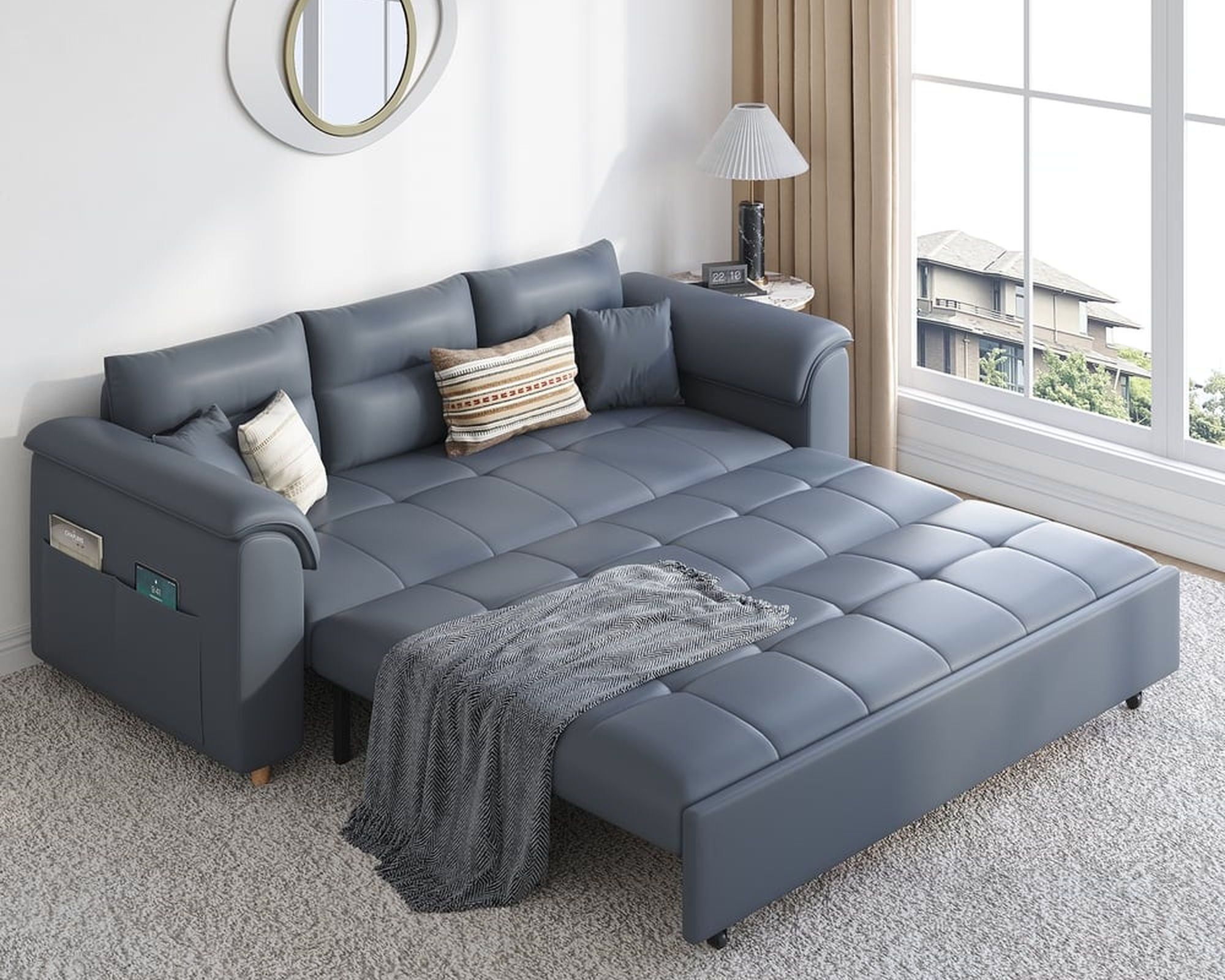 HMR Queen 2-Seater Sleeper Sofa - Deep Gray, Leath-aire