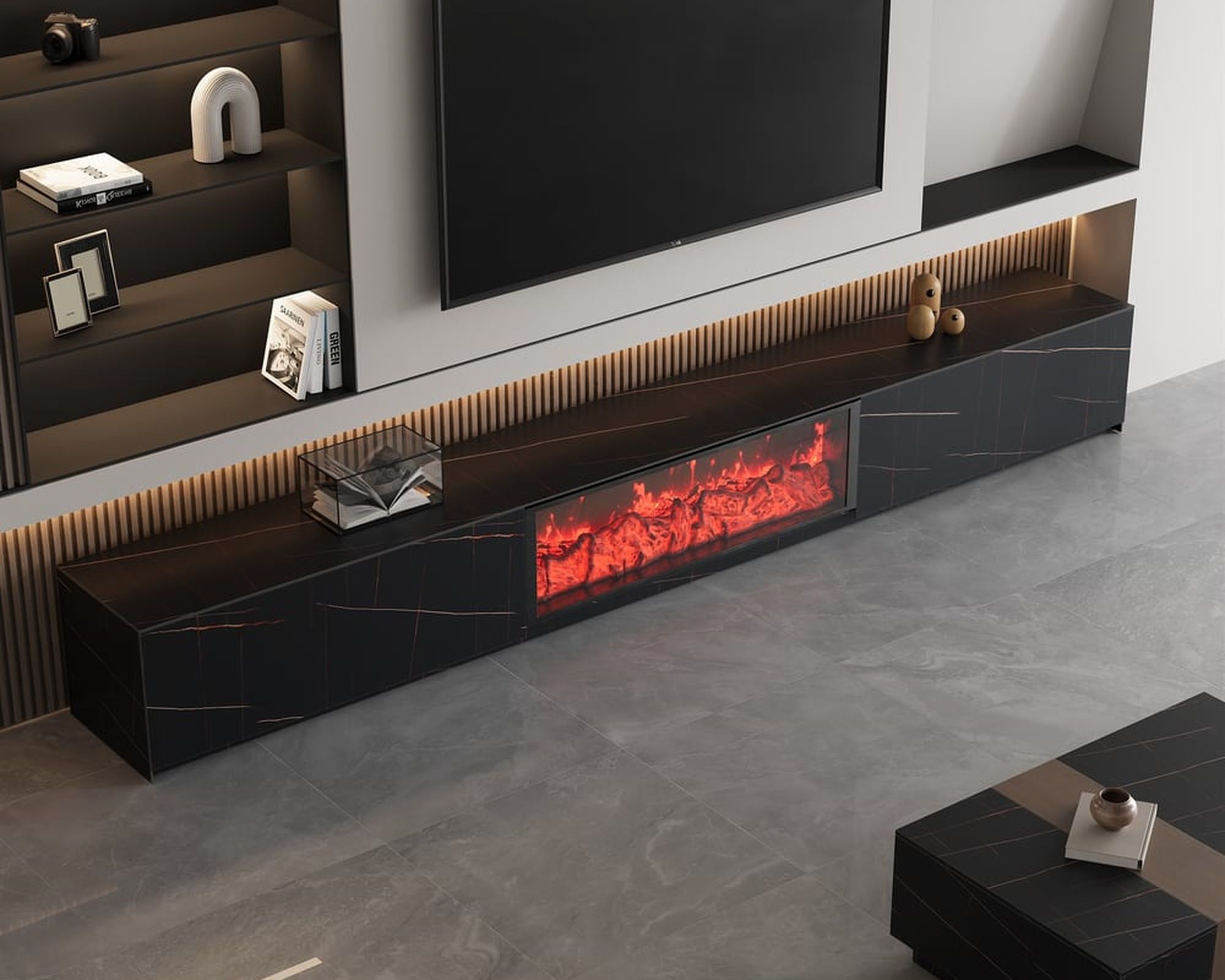 HMR Electric Fireplace TV Stand with 2 Drawers - Black, Sintered Stone, 86.6"W×15.4"D×15.4"H