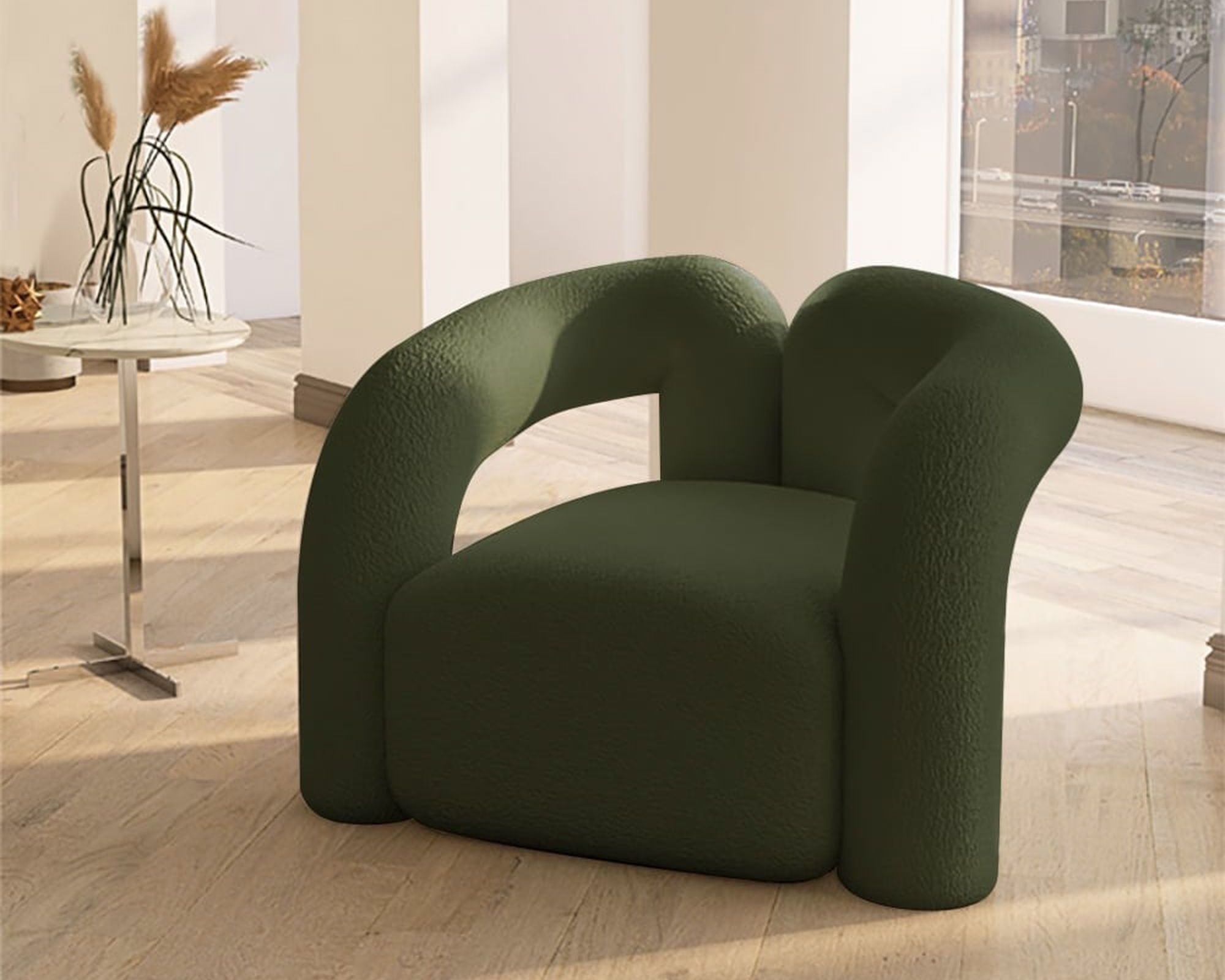 HMR Japandi Boucle Accent Chair Shaggy Armchair for Living Room - Dark Green